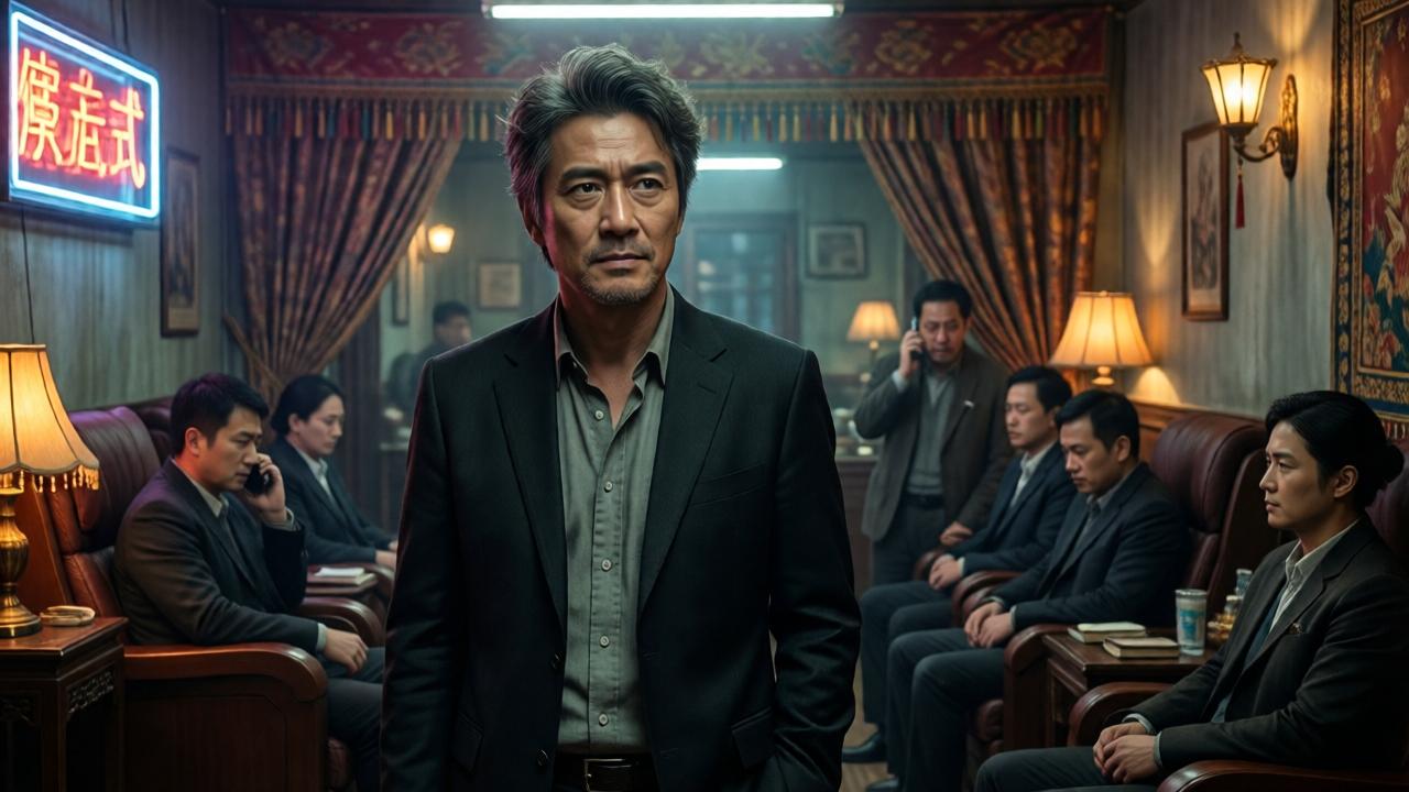 Dramatische Innenansicht eines großen, etwas in die Jahre gekommenen Fußmassage-Spas. Der besorgte Besitzer, Mitte 50, mit zerzaustem Haar, telefoniert verzweifelt in einer Ecke. Im Vordergrund steht der selbstbewusste Protagonist, ruhig, mit durchdringendem Blick, der den Raum und die wartenden Mitarbeiter mustert. Das Licht ist ein Mix aus greller Neonbeleuchtung und warmen Lampen, die Schatten werfen. Die Stimmung ist hoffnungslos und gespannt. Die Farbpalette ist gedämpft mit Akzenten in Rot und Gold von traditionellen Dekorationen. Komposition: Der Protagonist im Mittelpunkt, der Besitzer im Hintergrund als Kontrast der Emotionen.