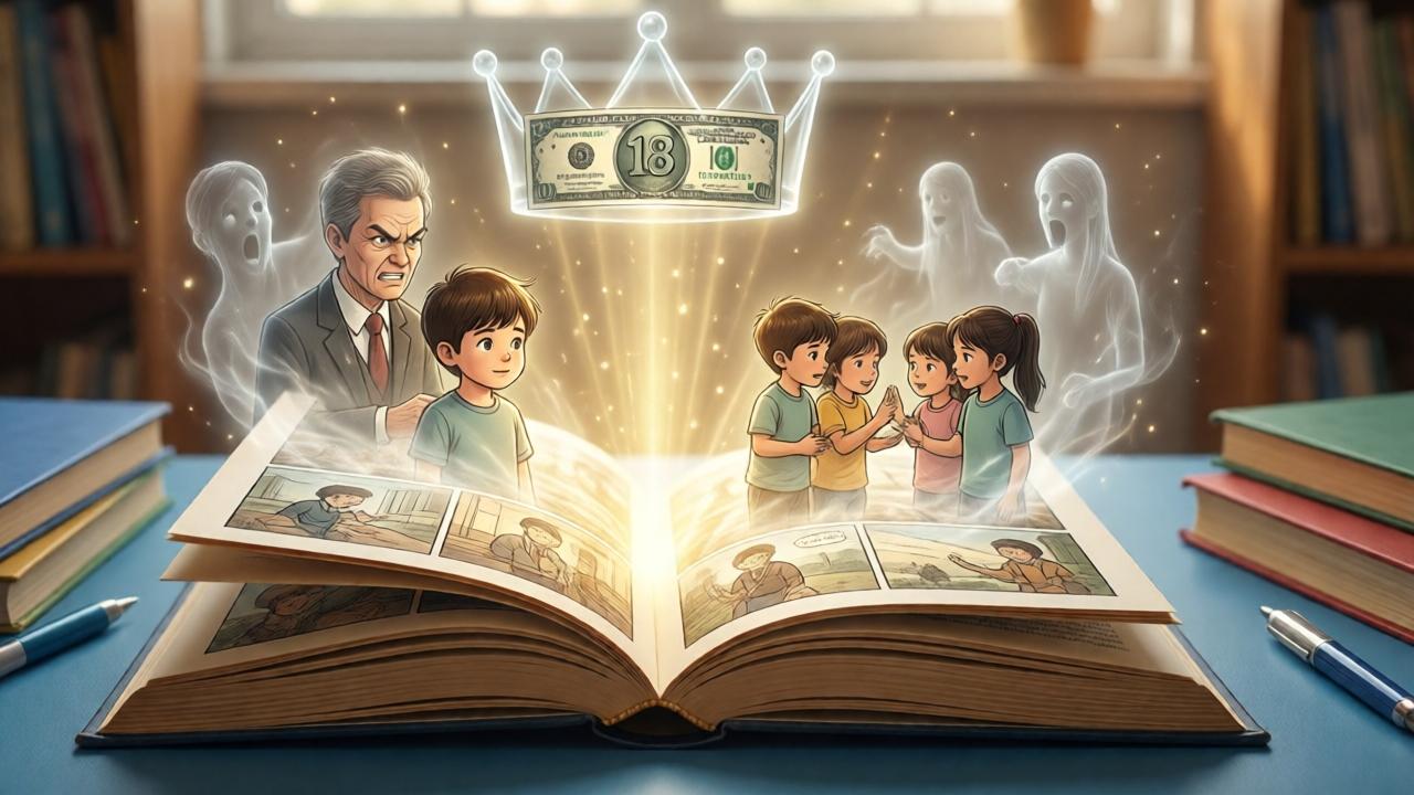 Symbolisches, emotional aufgeladenes Bild: Ein geöffnetes Buch mit Comic-Illustrationen liegt auf einem Kinder-Schreibtisch. Aus den Seiten steigen halb-transparente, geisterhafte Szenen auf – eine zeigt ein Kind, das ruhig einem wütenden Lehrer gegenübersteht, eine andere Kinder, die einen Streit schlichten. Über allem schwebt, wie eine unsichtbare Krone, eine stilisierte 18-Dollar-Note. Das Licht ist magisch, golden, wie Wissenslicht. Die Stimmung ist hoffnungsvoll und tiefgründig. Farben: warme Sepiatöne für die Comics, kühles Blau für die gegenwärtige Schreibtischszene. Komposition: Das Buch als Zentrum, aus dem Weisheit in die Welt ausstrahlt.