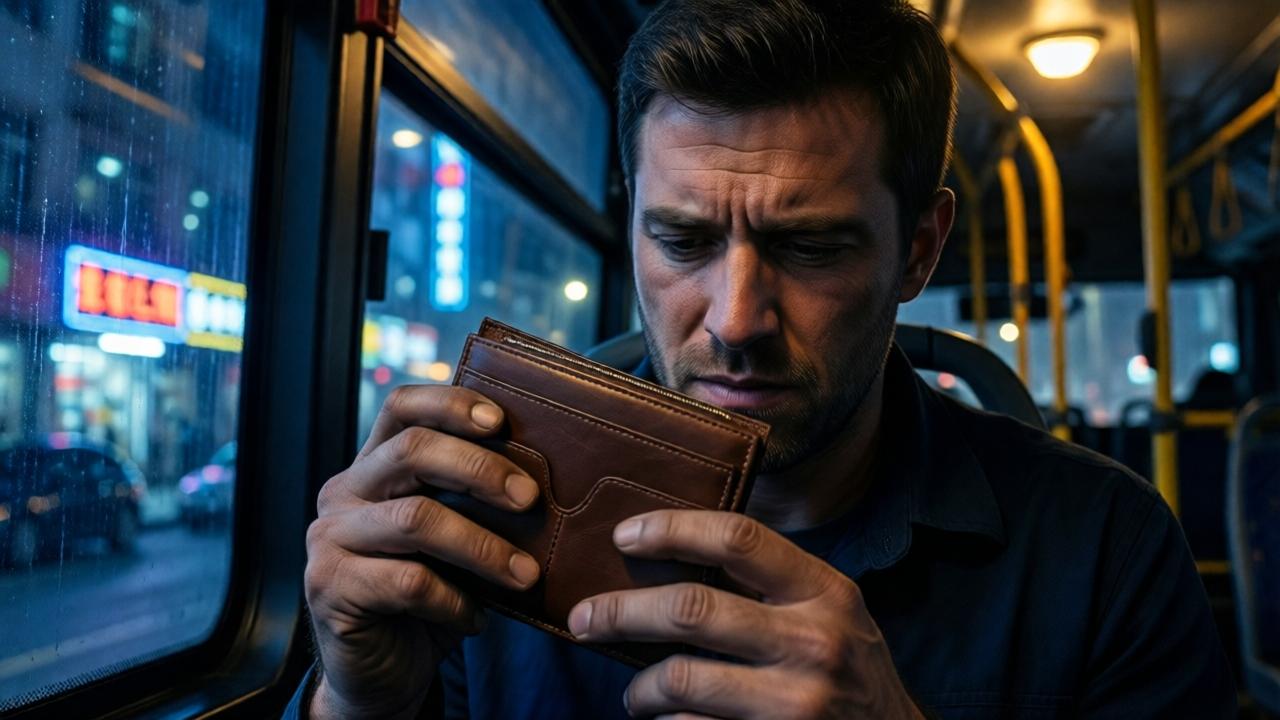 Cinematische Nahaufnahme im dramatischen Chiaroscuro-Stil: Die rauen, schmutzigen Hände eines Busreinigers halten zitternd eine elegante, braune Leder-Geldbörse in einem fast leeren, nachtblauen Bus. Das Licht einer einzelnen Deckenlampe fällt schräg und schafft tiefe Schatten auf seinem gesenkten Gesicht, das von innerem Kampf gezeichnet ist. Durch ein Busfenster ist der verschwommene, neonbeleuchtete Rand einer nächtlichen Stadt zu sehen. Die Stimmung ist dicht, hoffnungsvoll und moralisch aufgeladen. Farbpalette: Tiefes Blau, warmes Bernstein der Lampe, der matte Braunton des Leders und die blassen Hauttöne der Hände.