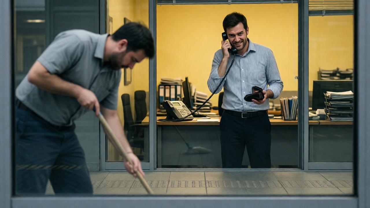 Dramatische Zwei-Ebenen-Komposition: Im Vordergrund, unscharf und durch ein verglastes Bürofenster gesehen, der Reiniger Marco, der mit gesenktem Kopf und müden Schultern den Bahnsteig fegt. Im Hintergrund, scharf und hell beleuchtet, im Stationsbüro, steht der Angestellte Keller im Hemd am Telefon, sein Gesicht ist von einem hinterhältigen, triumphierenden Halblächeln verzerrt, während er die Geldbörse in der Hand hält. Die Linien des Bahnsteifs führen den Blick auf den isolierten, ahnungslosen Marco. Stimmung von Betrug und bevorstehendem Unrecht. Farben: Graue, trübe Töne draußen, warmes, aber falsches Gelb im Büro.