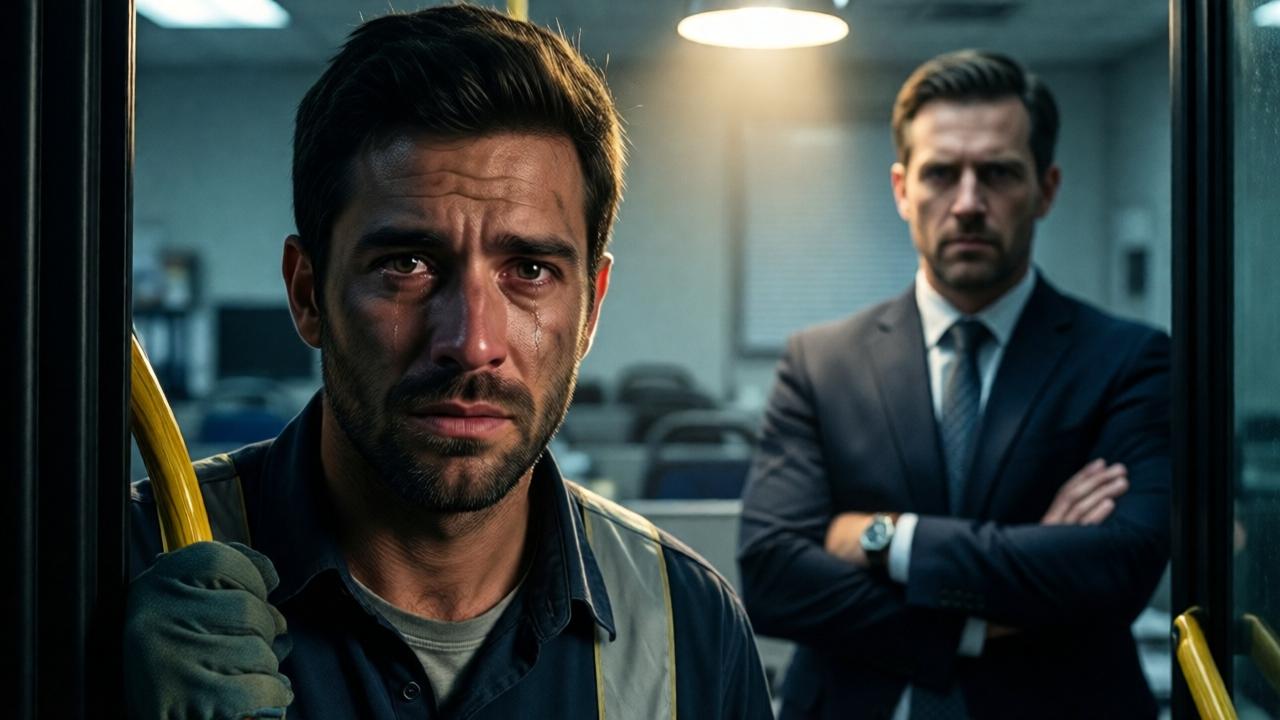 Hochdramatische, emotionale Nahaufnahme: Der Busreiniger Marco steht im Türrahmen eines kargen Büros, sein von Tränen und Staub gezeichnetes Gesicht ist halb im Schatten, halb im harten Licht einer Deckenleuchte. Sein Blick ist jedoch nicht unterwürfig, sondern voller letzter, schmerzhafter Würde und Entschlossenheit. Im Hintergrund, leicht unscharf, steht der Geschäftsmann Alexander Vance, seine Arme verschränkt, sein Gesicht eine Maske aus Misstrauen und erwartungsvoller Strenge. Die Spannung zwischen den beiden ist mit Händen zu greifen. Cinematografischer Stil, tiefe emotionale Tiefenschärfe. Farben: Kühle Blau- und Grautöne, ein warmer Lichtstrahl auf Marcos Gesicht.