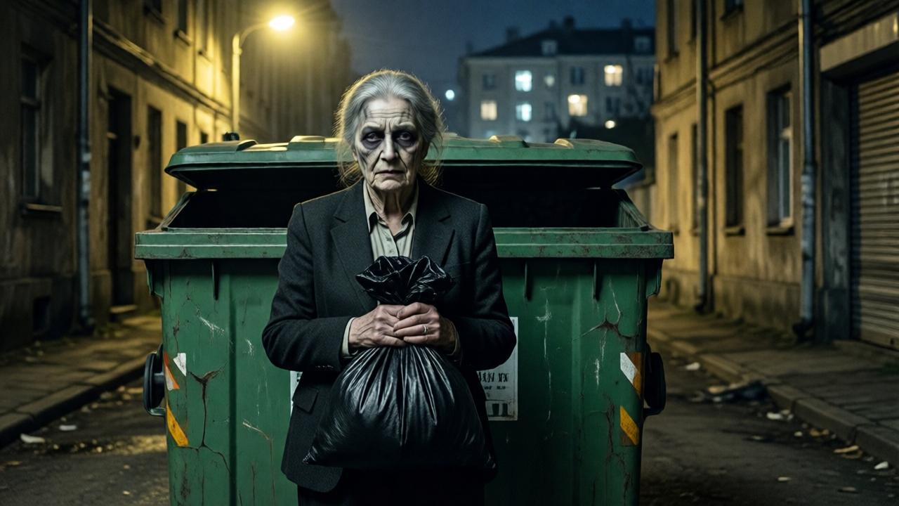 Eine dramatische Nachtszene in einer schmutzigen Gasse. Eine gut gekleidete, ältere Frau mit versteinertem Gesicht steht vor einem großen, grünen Müllcontainer. Sie hält ein schwarzes, sackartiges Bündel über der Öffnung. Ihr Gesicht ist von Schatten und Schuld gezeichnet. Im Hintergrund sind die Lichter eines luxuriösen Wohnviertels zu sehen. Die Stimmung ist düster, kalt und gespenstisch, beleuchtet nur von einer einzelnen, gelblichen Straßenlaterne. Cinematographischer Stil, hoher Kontrast, emotionale Spannung.
