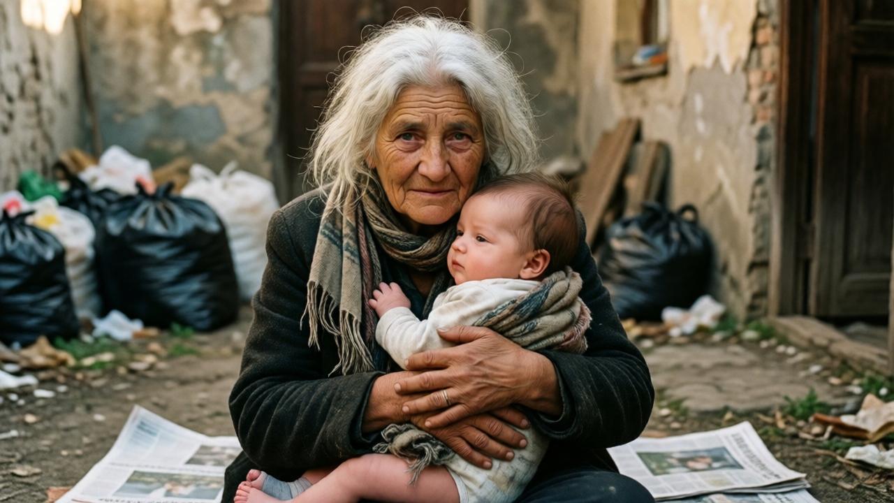 Ein bewegendes, intimes Porträt in einem heruntergekommenen Hinterhof. Eine alte, obdachlose Frau mit weißen, strähnigen Haaren sitzt auf einer Zeitung und hält ein Baby eng an ihre Brust. Sie wickelt es in einen zerlumpten Schal. Ihr Gesicht ist von Müdigkeit, aber auch von unendlicher Zärtlichkeit und Entschlossenheit gezeichnet. Das Baby ist sauber und ruhig. Im Hintergrund sind schmutzige Wände und Müllsäcke zu sehen, aber der Fokus liegt ganz auf der liebevollen Umarmung. Warmes, sanftes Seitenlicht, das die Szene trotz der Armut hoffnungsvoll erscheinen lässt. Emotional, realistischer Stil.