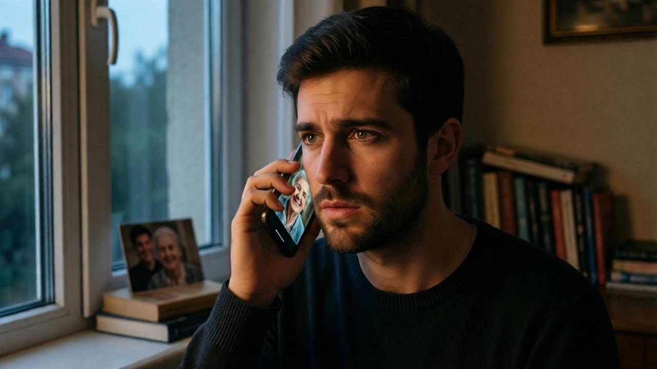 Ein junger Mann, Mitte 20, mit ernsten, nachdenklichen Augen, steht am Fenster einer bescheidenen, aber ordentlichen Wohnung. Er hält ein Smartphone ans Ohr. Auf dem Display leuchtet das Foto einer lächelnden, sehr alten Frau (Marta). Sein Gesichtsausdruck ist eine Mischung aus Schock, Schmerz und einer tiefen, wurzelnden Liebe. Durch das Fenster fällt melancholisches Abendlicht. Auf einem Tisch hinter ihm liegen Bücher und ein Foto von ihm mit der alten Frau. Die Stimmung ist hoch emotional, cinematographisch, mit Fokus auf die innere Zerrissenheit des Mannes. Dramatische Beleuchtung, warme und kalte Farbtöne im Kontrast.