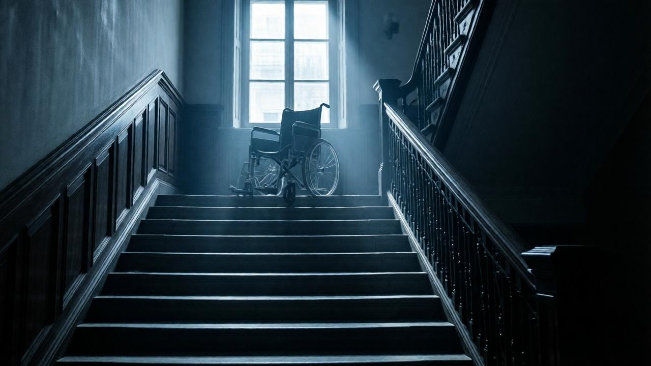 Eine düstere, menschenleere Treppe in einer prunkvollen Villa im Stil des frühen 20. Jahrhunderts, beleuchtet von einem einzigen schrägen Lichtstrahl aus einem hohen Fenster. Der leere Rollstuhl steht oben auf der Treppe, ein bedrohliches, verlassenes Symbol. Die Atmosphäre ist gespenstisch und voller Vorahnung, mit tiefen Schatten in den Ecken und einem kühlen, bläulichen Farbton, der Kälte und Isolation vermittelt. Cinematographischer Stil mit hohem Kontrast.