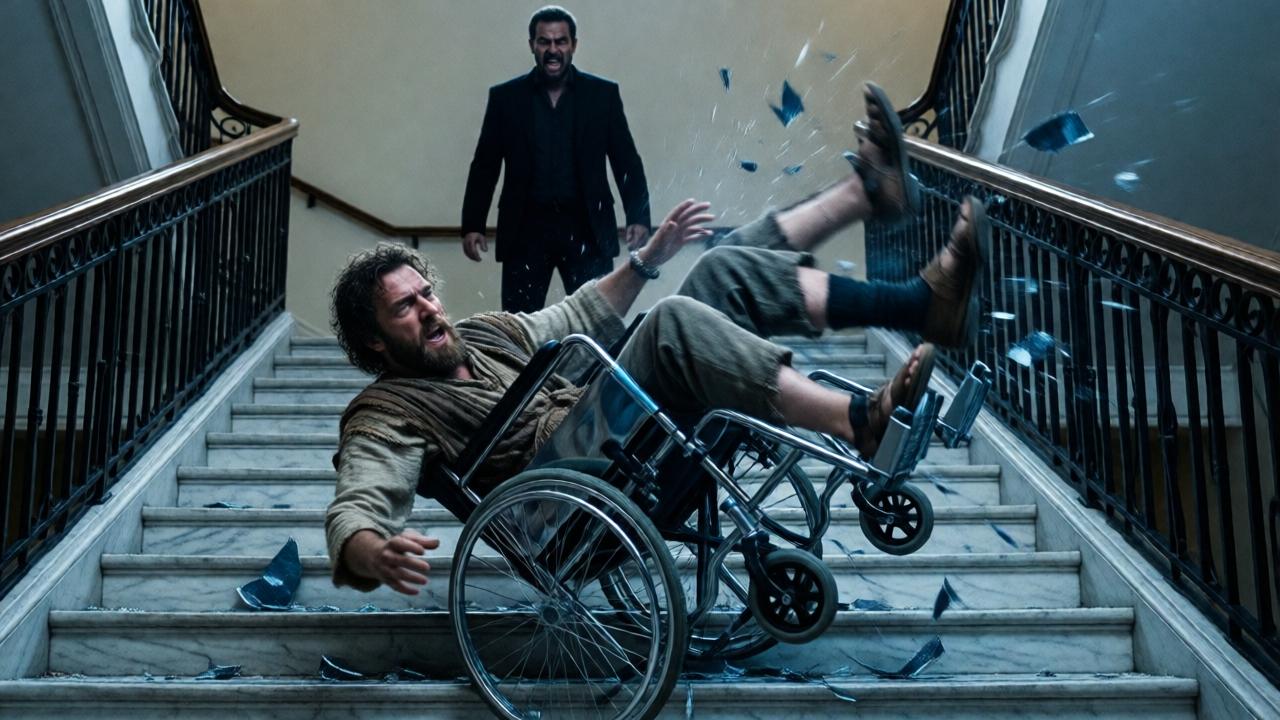 Dramatischer Moment des Sturzes aus einer niedrigen Perspektive. Noahs Körper und der zerberstende Rollstuhl sind in einer chaotischen, verwischten Bewegung mitten im Fall eingefangen. Oben auf der Treppe steht die dunkle Silhouette des falschen William, sein Gesicht von Hass und Triumph verzerrt. Das Bild ist dynamisch, emotional aufgeladen und mit einem Gefühl von Zeitlupe und unausweichlichem Schicksal. Die Farbpalette ist düster mit Akzenten in kalten Weiß- und Blautönen des Marmors.