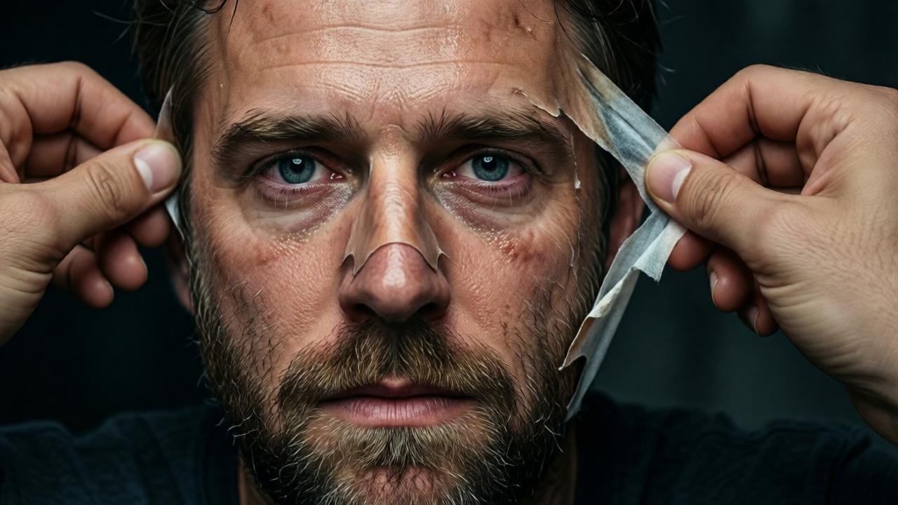 Extreme Nahaufnahme der sich lösenden Gesichtsmaske. Die Hände von Noah ziehen an den Rändern einer unglaublich realistischen Maske, die das Gesicht von William trägt. Darunter wird schrittweise die schweißnasse, ängstliche Visage eines unbekannten Mannes sichtbar. Der Ausdruck in Noahs Augen ist eine Mischung aus Triumph, Schmerz und unendlicher Trauer. Dramatische Beleuchtung, die den Moment der Enthüllung wie eine theatralische Offenbarung erscheinen lässt. Cinematographisch, emotional intensiv.