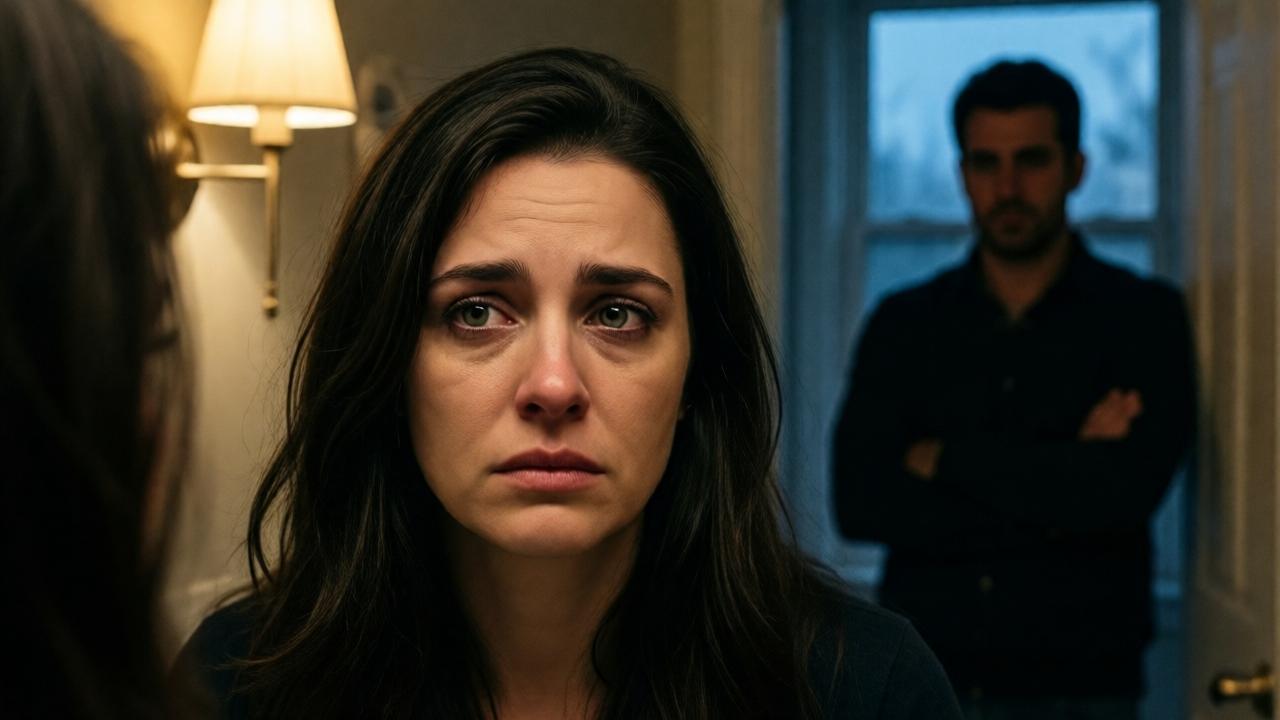 Eine emotionale Nahaufnahme von Carmen, die sich abends traurig im Badezimmerspiegel betrachtet. Ihr Gesicht ist von Schatten und dem warmen Licht einer einzelnen Badezimmerlampe halb beleuchtet. In ihren Augen spiegeln sich Erschöpfung und unterdrückter Schmerz. Im unscharfen Hintergrund ist die Silhouette ihres Mannes Pedro zu erkennen, der im Türrahmen lehnt und sie mit verschränkten Armen beobachtet. Cinematografischer Stil, hoher Kontrast zwischen warmen und kalten Tönen, emotionale Spannung. Stimmung: bedrückend, hoffnungslos.