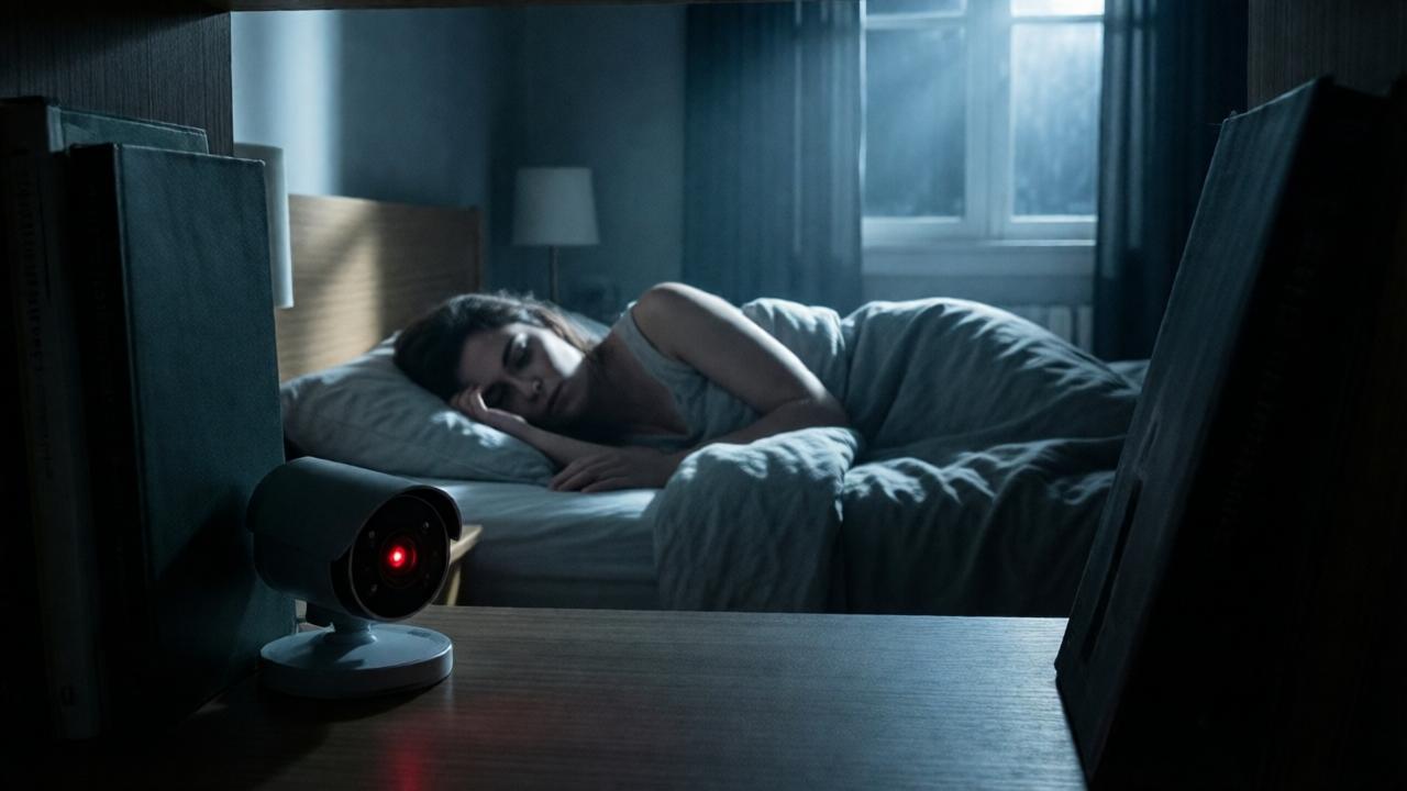 Eine dramatische Nachtszene im Schlafzimmer. Carmen liegt scheinbar schlafend im Bett, das nur von einem Streifen Mondlicht erhellt wird. Im Vordergrund, scharf fokussiert, ist die kleine versteckte Kamera auf einem Bücherregal zu sehen, deren winzige rote Betriebs-LED im Dunkeln leuchtet. Die Stimmung ist gespenstisch und voller Vorahnung. Die Komposition nutzt tiefe Schatten und kühle Blau- und Grautöne. Der Blickwinkel ist aus der Perspektive der Kamera, als ob der Betrachter selbst der heimliche Beobachter wäre. Cinematografisch, thrillerhaft.