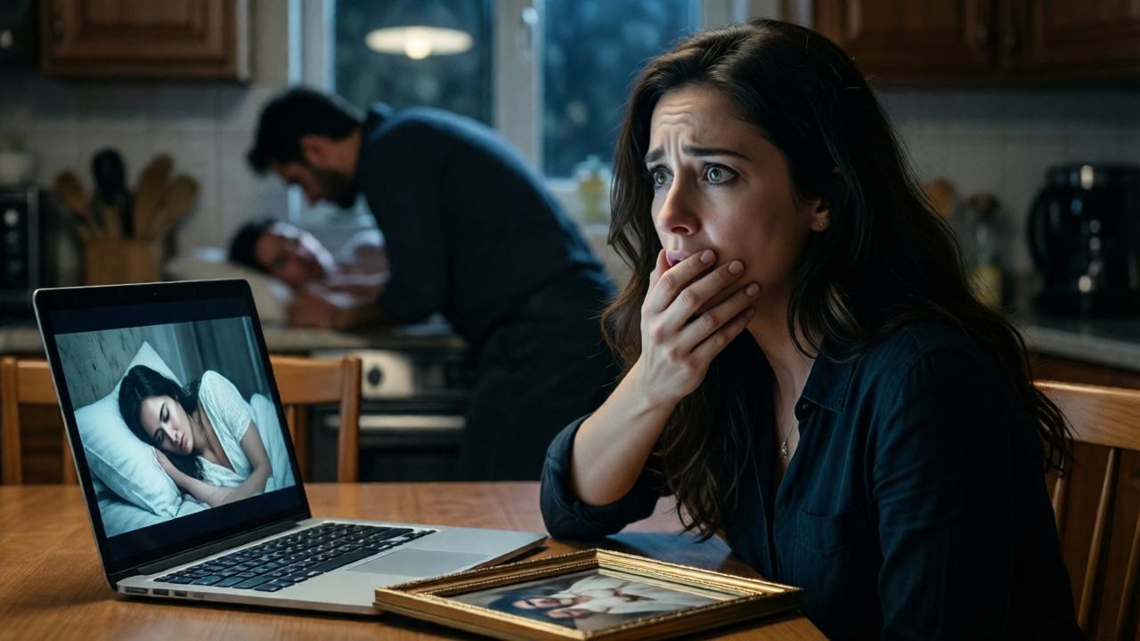 Ein extrem dramatischer und bewegender Moment: Carmen sitzt am Küchentisch, ihr Gesicht ist vom blassen Licht eines Laptop-Bildschirms beleuchtet, der das nächtliche Video zeigt. Ihre Hand presst sich schockiert gegen den Mund, ihre Augen sind weit aufgerissen vor Entsetzen und ungläubigem Grauen. Auf dem Bildschirm ist im Hintergrund die unscharfe Silhouette von Pedro zu erkennen, wie er sich über die schlafende Carmen beugt. Auf dem Tisch liegt ein umgedrehtes gerahmtes Hochzeitsfoto. Die Stimmung ist von absoluter Verzweiflung und gebrochenem Vertrauen geprägt. Cinematografisch, emotional aufgeladen, Fokus auf Carmens Gesichtsausdruck.
