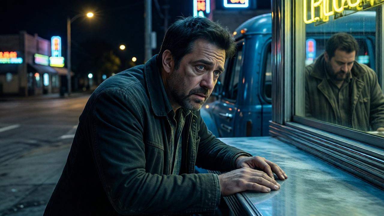 Cinematische Nahaufnahme im dramatischen, düsteren Stil eines Film-Noirs. Daniel Rivera, ein erschöpfter Mann Ende 30 mit sorgenvollen Augen, lehnt an einem alten, blauen Imbisswagen an einer verlassenen, nächtlichen Straßenecke in Houston. Neonlicht von fernen Schildern wirft lange, verzerrte Schatten. Seine zitternden Hände liegen auf der kalten Metalltheke. Im Hintergrund ist der schemenhafte, abgewetzte Mantel des hungernden Mannes zu erkennen. Die Stimmung ist hoffnungslos, die Farbpalette besteht aus tiefen Blautönen, gespickt mit grellem, einsamem Neon-Gelb. Die Komposition ist eng, bedrückend, fokussiert auf Daniels inneren Kampf.