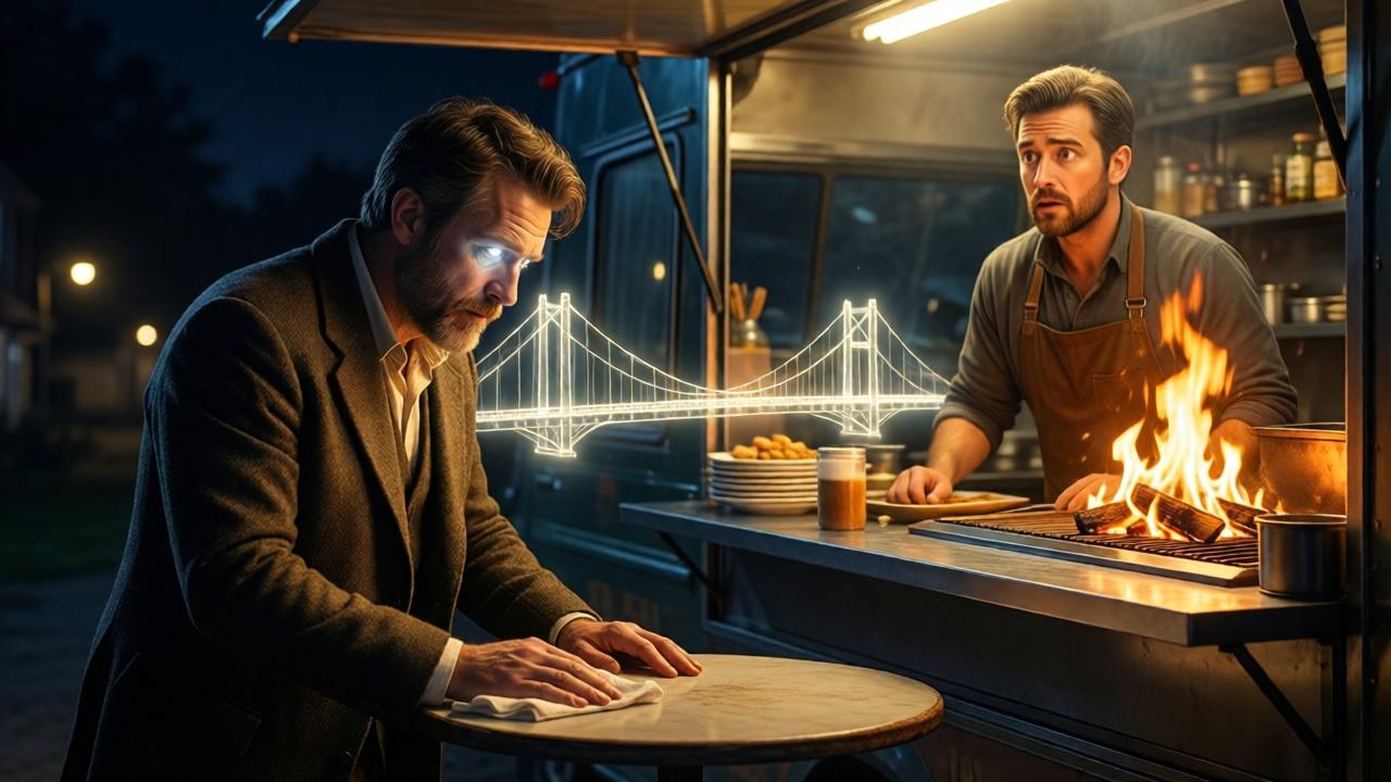 Dramatische, kontrastreiche Szene im Stil eines magischen Realismus. Der hungernde Mann, jetzt mit würdevoller Haltung, wischt den kleinen Tisch vor dem Imbisswagen ab. Sein Gesicht ist von einem sanften, inneren Licht erhellt, das im krassen Gegensatz zur dunklen Umgebung steht. Daniel steht hinter der Theke, sein Gesicht ist ein Mix aus Staunen und ungläubiger Ehrfurcht, von dem warmen Schein des Grillfeuers angestrahlt. Zwischen ihnen scheint eine unsichtbare Brücke aus Licht zu schweben. Die Farben sind warmes Gold und Orange gegen kühles Nachtschwarz, die Komposition betont die Verbindung zwischen den beiden Männern und die transformative Kraft der Handlung.