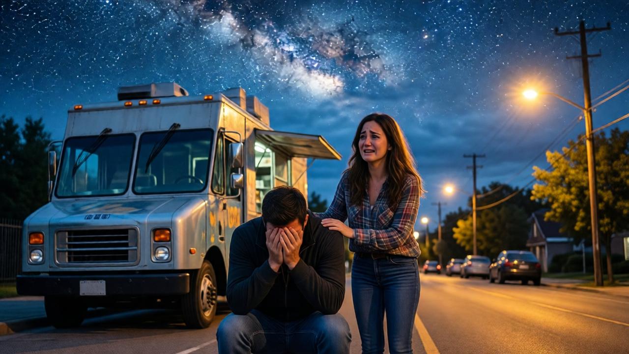 Emotionale, weite Aufnahme mit epischem Gefühl. Daniel kniet hinter seinem Imbisswagen, das Gesicht in den Händen vergraben, sein Körper wird von einem Strom der Erleichterung geschüttelt. Vor ihm liegt der leere, ausverkaufte Wagen, umgeben von der friedlichen, nächtlichen Stille der Straße. Seine Frau Emma steht neben ihm, eine Hand tröstend auf seiner Schulter, ihr Gesicht ist ebenfalls von Tränen und ungläubigem Staunen gezeichnet. Über ihnen öffnet sich der Nachthimmel, die Wolken haben sich aufgelöst und geben den Blick auf einen funkelnden Sternenhimmel frei, der wie ein Segen über der Szene thront. Die Stimmung ist triumphierend, tief bewegend und spirituell aufgeladen. Die Farben sind dunkles Blau, gesäumt von silbernem Sternenlicht und dem warmen Gold der Straßenlaternen.