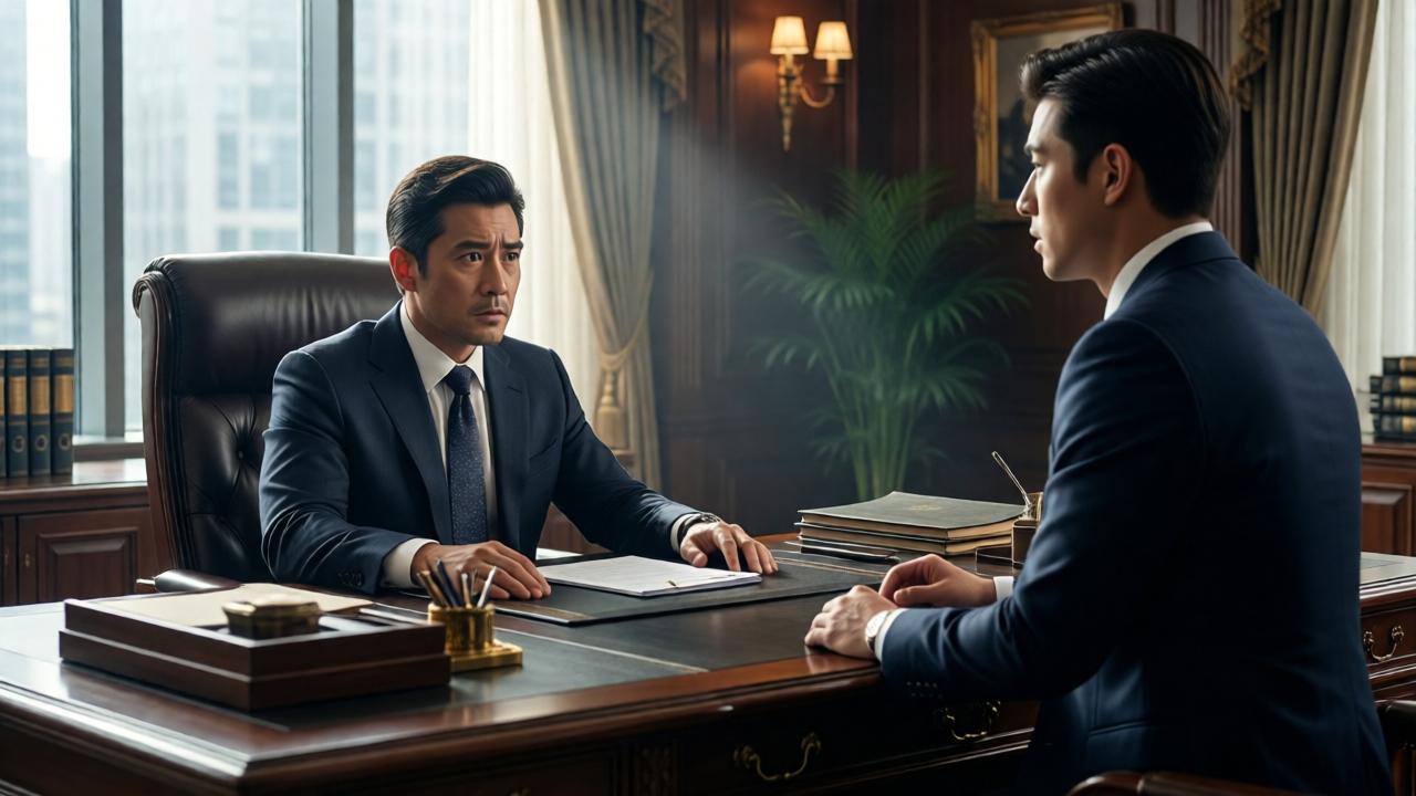 Derselbe Mann sitzt nun in eleganter Business-Kleidung hinter einem massiven Schreibtisch in einem luxuriösen CEO-Büro, die verblüffte Bewerberin steht sprachlos vor ihm, durch große Fenster fällt weiches Licht auf die angespannte Szene, filmische Komposition mit starkem emotionalen Kontrast.