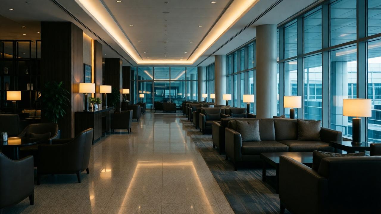 Eine elegante Flughafenlounge mit polierten Oberflächen, gedämpfter Beleuchtung und luxuriösen Sitzmöbeln, fotografiert in einem ruhigen, kontrollierten Ambiente mit einem Hauch von Exklusivität, im Stil eines professionellen Architekturfotos.