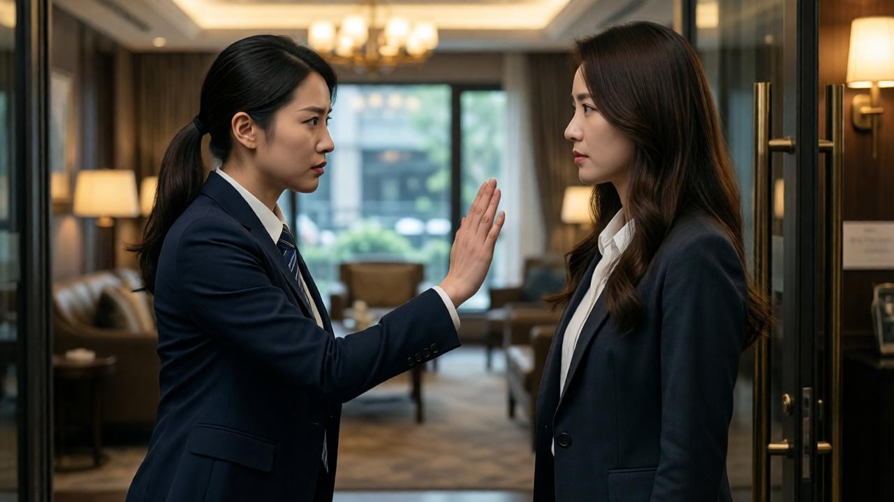 Eine angespannte Konfrontation am Lounge-Eingang: Eine entschlossene Mitarbeiterin in Businesskleidung blockiert den Weg einer ruhigen, gefassten Frau, dramatische Beleuchtung betont die Konfliktsituation, im Stil eines filmischen Standbilds.