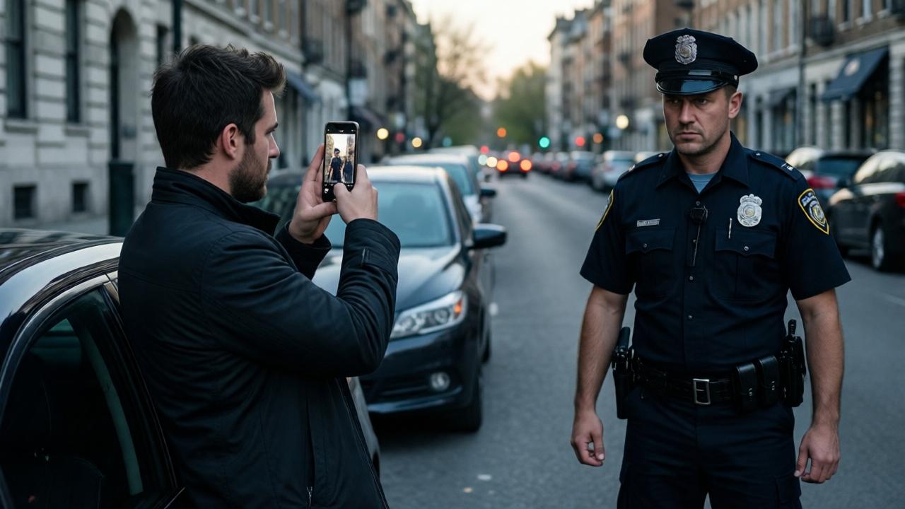 Ein Mann filmt mit seinem Handy neben einem geparkten Auto an einer ruhigen Stadtstraße, während sich ein Polizeibeamter mit entschlossener Haltung nähert, düstere Stimmung im Abendlicht, dramatische Komposition mit Spannungsaufbau.