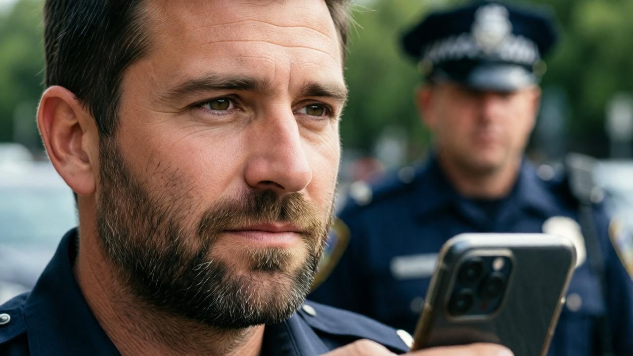 Detailaufnahme eines ruhigen, gefassten Gesichts eines Mannes, der sein Smartphone hält, während im unscharfen Hintergrund die Uniform eines Polizeibeamten zu erkennen ist, natürliches Tageslicht, konzentrierter Ausdruck, realistische Fotografie.