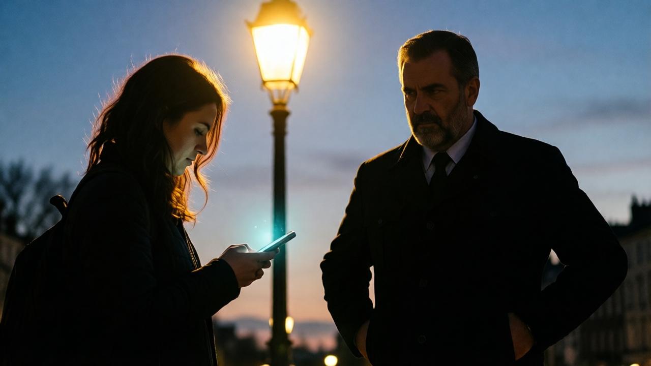 Zwei Silhouetten im Gegenlicht einer Straßenlaterne bei einbrechender Dämmerung, eine Figur hält ein leuchtendes Telefon, die andere in autoritärer Haltung, starke Kontraste, cinematografischer Stil mit emotionaler Tiefenschärfe.