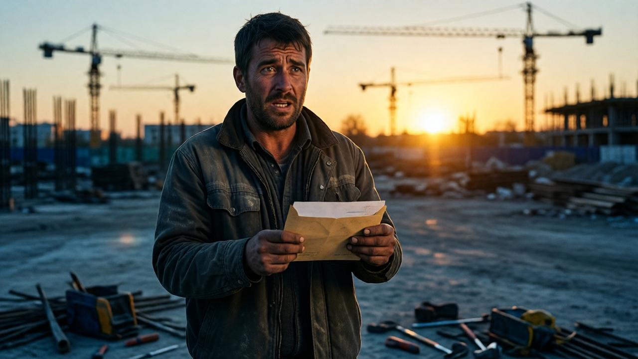 Ein Arbeiter in staubiger Kleidung steht allein auf einer verlassenen Baustelle bei Sonnenuntergang. Er hält einen geöffneten Umschlag in seinen schwieligen Händen, sein Gesicht ist ein Mix aus Schock und innerem Kampf, beleuchtet von den goldenen letzten Sonnenstrahlen. Im Hintergrund verblassen die Silhouetten von Kränen, vor seinen Füßen liegt Werkzeug verstreut. Der Stil ist cinematografisch, mit hohem Kontrast zwischen den warmen Lichtern und den kalten Blautönen der hereinbrechenden Dämmerung. Die Komposition ist emotional aufgeladen und fokussiert auf den entscheidenden Moment der moralischen Entscheidung.