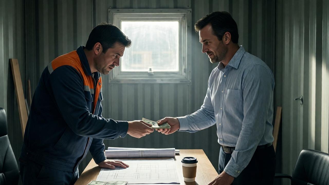 Zwei Männer in einem spärlich möblierten Baucontainer-Büro stehen sich gegenüber. Der Arbeiter, in Arbeitskleidung, reicht nervös einen Stapel Geldscheine hinüber. Der Manager im Hemd nimmt sie mit einem undurchdringlichen, kühlen Lächeln entgegen. Das Licht fällt schräg durch ein kleines Fenster und wirft dramatische Schatten. Die Körpersprache ist angespannt: der Arbeiter leicht vorgebeugt und offen, der Manager zurückgelehnt und distanziert. Auf dem Schreibtisch liegen Baupläne und ein Kaffeebecher. Die Stimmung ist von unterschwelliger Bedrohung und falscher Herzlichkeit geprägt.