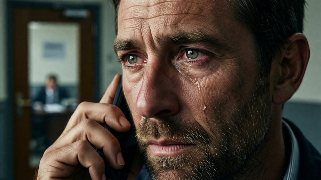 Ein Close-up des Arbeiters, das Telefon am Ohr. Eine einzelne Träne kullert seine von Staub und Müdigkeit gezeichnete Wange hinab, doch seine Augen blicken entschlossen und klar in die Ferne. Im Hintergrund ist unscharf die Tür zum Büro des Managers zu sehen. Das Licht ist hart und seitlich, es betont jede Falte der Sorge und den edlen Zug der Entschlossenheit in seinem Gesicht. Die Stimmung ist von tragischer Würde und dem Moment der ultimativen Wahrheitsfindung geprägt. Cinematografischer Stil mit starkem emotionalem Fokus.