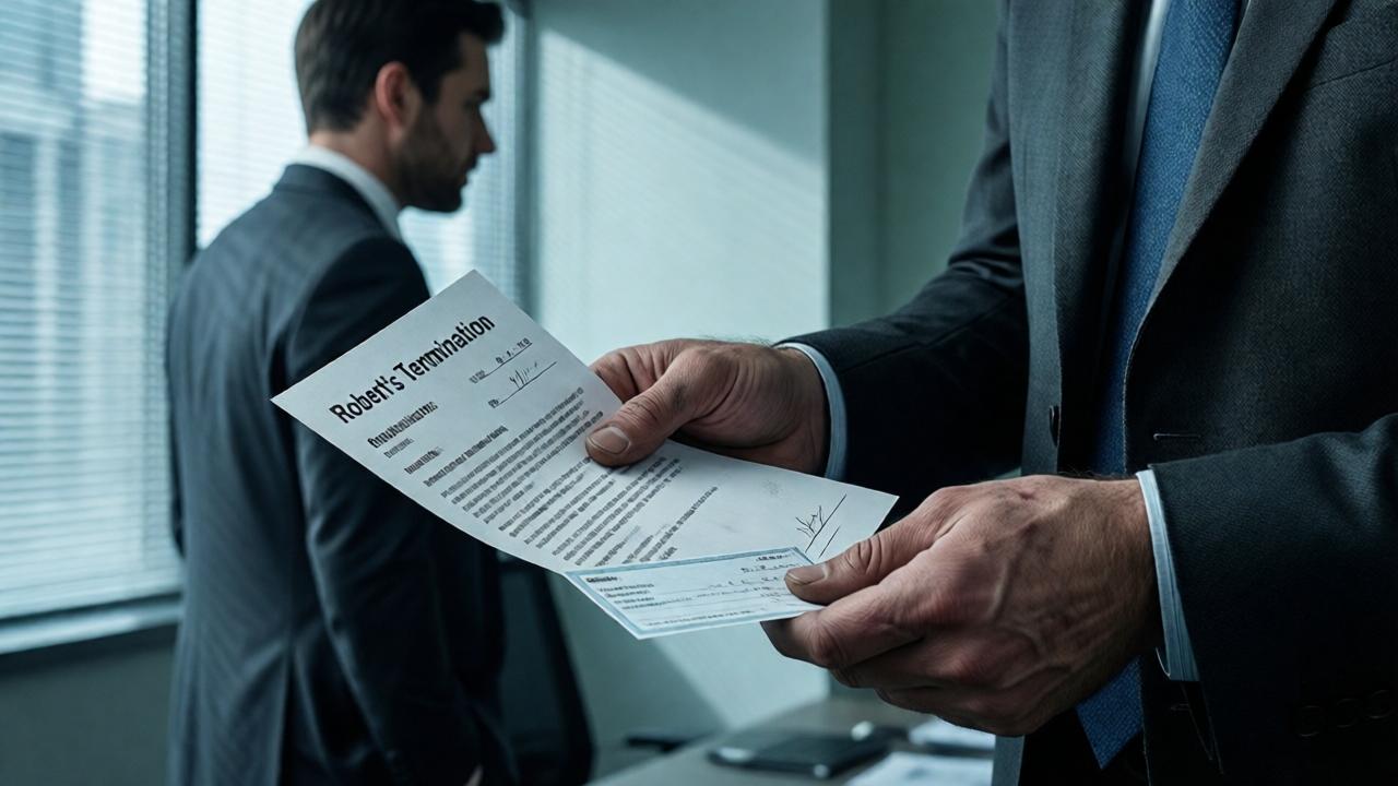 Dramatische Nahaufnahme von Roberts Händen, die zitternd einen Kündigungsbrief und einen kleinen Abfindungsscheck halten. Die Hände sind von Narben und Holzstaub gezeichnet, ein Leben lang Arbeit. Im unscharfen Hintergrund steht ein schick gekleideter Mann im Anzug (Richard) mit abgewandtem Gesicht. Das Licht fällt kalt und hart durch ein Bürofenster, wirft lange Schatten. Stimmung: Verrat, Endgültigkeit, emotionale Kälte. Farbpalette: Grautöne, kalte Blau- und Grüntöne.