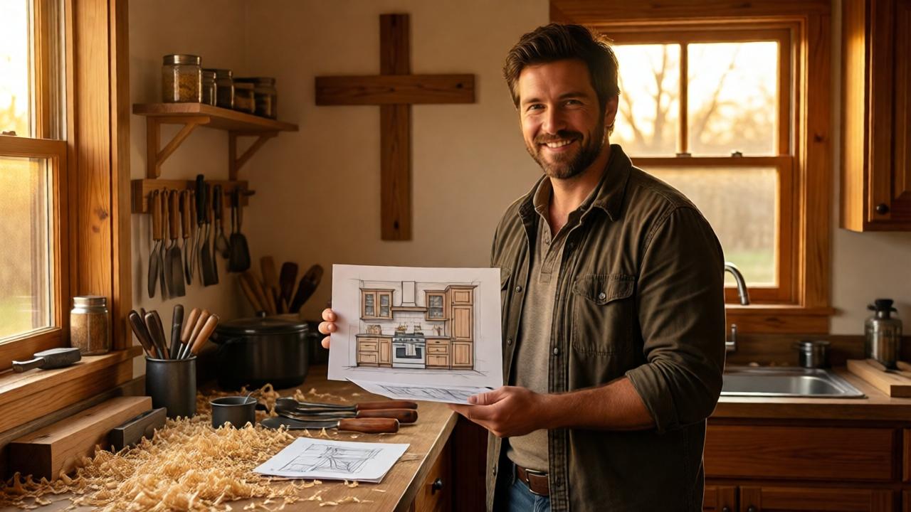 Warme, goldene Abendsonne flutet eine kleine, aber ordentliche Werkstatt. Robert, nun mit selbstbewussterer Haltung, zeigt Toni stolz die Zeichnungen für eine maßgefertigte Küche. Holzspäne liegen auf dem Boden, das Werkzeug ist sauber angeordnet. An der Wand hängt ein einfaches Kreuz aus Holz. Die Stimmung ist hoffnungsvoll, friedlich und handwerklich. Farbpalette: Warme Holztöne, goldenes Abendlicht, akzentuiert durch das tiefe Braun des Holzes und das matte Metall der Werkzeuge.