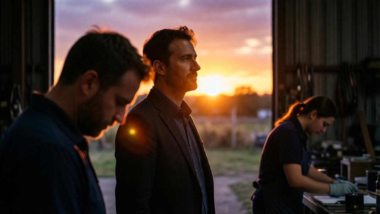 Kraftvolles Gegenlichtporträt von Robert, der in der offenen Tür seiner erfolgreichen Werkstatt steht. Er blickt nachdenklich, aber mit innerem Frieden in die Ferne. Im unscharfen Vordergrund sieht man Richard, der sich mit gesenktem Kopf abwendet, während ein neuer, junger Mitarbeiter im Hintergrund konzentriert arbeitet. Das Licht der untergehenden Sonne schafft eine fast heilige Atmosphäre, symbolisiert Vergebung und einen neuen Zyklus. Stimmung: Triumph der Menschlichkeit, Vergebung, zyklische Gerechtigkeit. Farbpalette: Tiefes Orange und Violett des Sonnenuntergangs, kontrastiert mit den Silhouetten der Figuren.