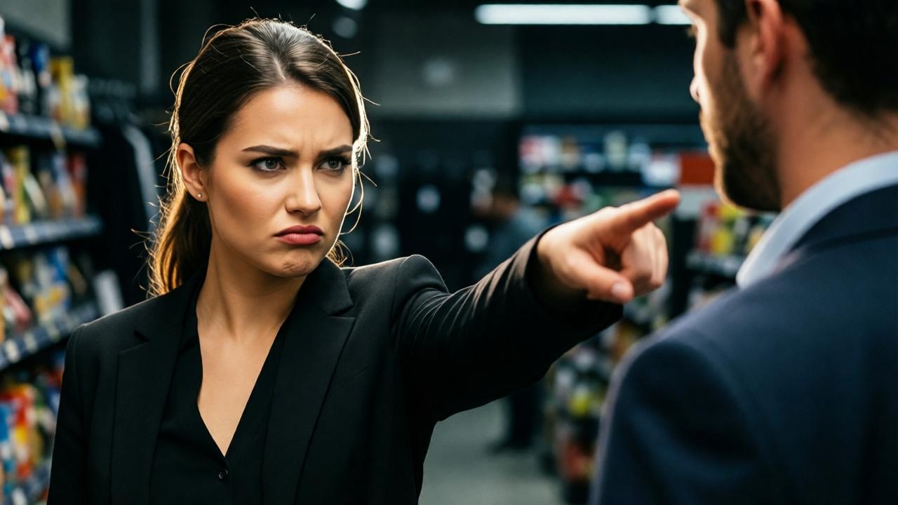 Dramatische Nahaufnahme einer Konfrontation in einem Laden. Im Vordergrund steht eine junge Verkäuferin in eleganter, schwarzer Businesskleidung, ihr Gesicht ist von überzeugter Ablehnung und einem herablassenden Ausdruck geprägt. Sie zeigt mit ausgestrecktem Arm und ausfahrender Geste auf einen Mann außerhalb des Bildes. Die Beleuchtung ist kontrastreich, ihr Gesicht ist hell beleuchtet, während der Hintergrund in tiefe Schatten getaucht ist. Ihre Körperhaltung ist angespannt und abwehrend, die Dynamik der Szene ist greifbar.