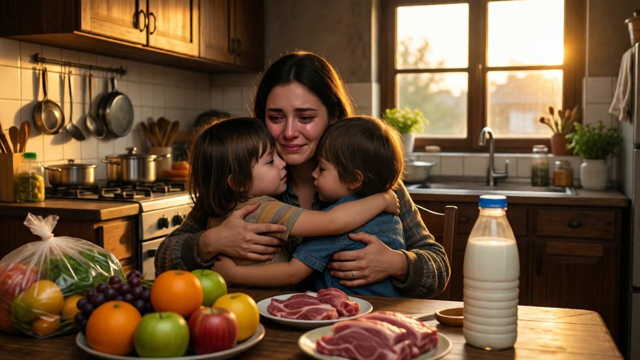 Eine junge Frau mit tränenüberströmtem Gesicht umarmt zwei kleine Kinder in einer ärmlichen, aber sauberen Küche. Auf dem Tisch liegen frische Lebensmittel: buntes Obst, Milch, Fleisch. Warmes, goldenes Abendlicht fällt durch ein Fenster und malt lange Schatten. Die Szene ist voller Rührung und Erlösung. Stimmung: emotional, überwältigend, hoffnungsvoll, wie eine filmische Schlussszene. Weitwinkel, der die Geborgenheit der Umarmung betont.
