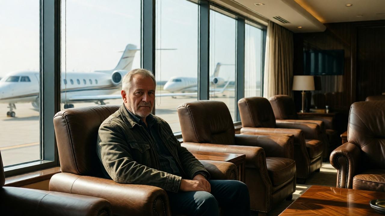 Eine luxuriöse Privatjet-Lounge mit bodenhohen Fenstern, die helles Tageslicht hereinlassen. Im Vordergrund sitzt ein älterer Mann in einem braunen Ledersessel, gekleidet in eine verwitterte Jacke. Im Hintergrund sind mehrere Privatjets auf dem Rollfeld zu sehen. Die Atmosphäre ist ruhig und exklusiv, mit weichen Ledersesseln, polierten Holztischen und sanfter Beleuchtung. Der Stil ist elegant und dramatisch, mit warmen Farbtönen und einem Hauch von Geheimnis.