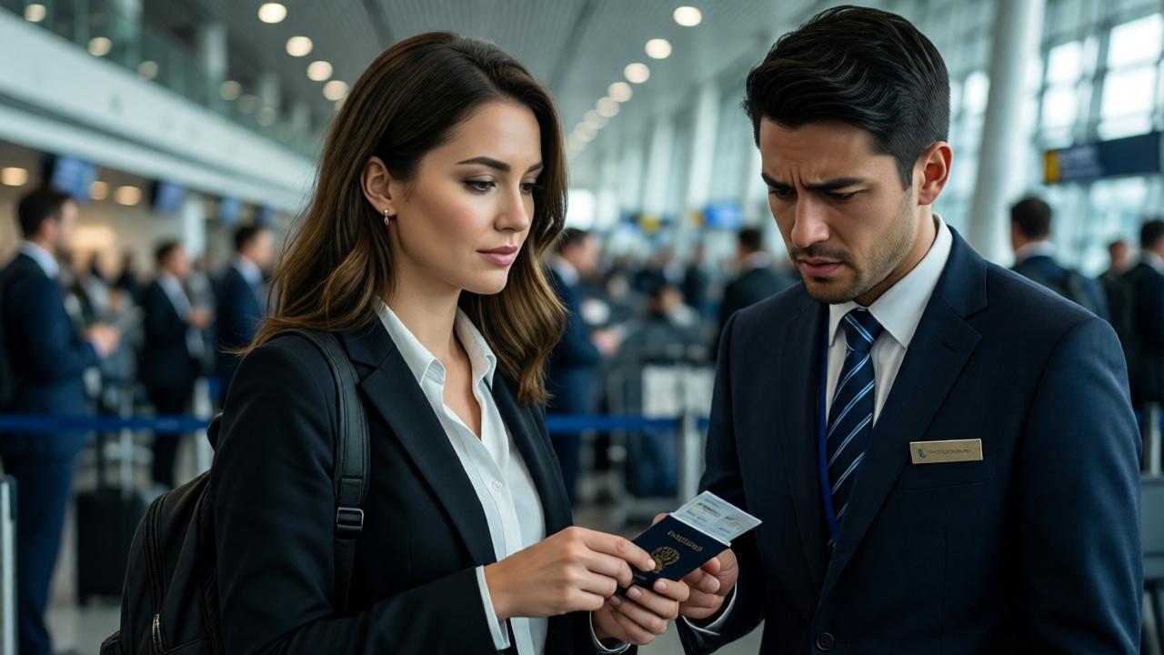 Eine elegante Frau in Businesskleidung steht ruhig an einem belebten Flughafen-Gate, während ein besorgter Flughafenmitarbeiter ihren Pass scannt, dramatische Beleuchtung, angespannte Atmosphäre, Fotorealismus, Nahaufnahme der Gesichter.