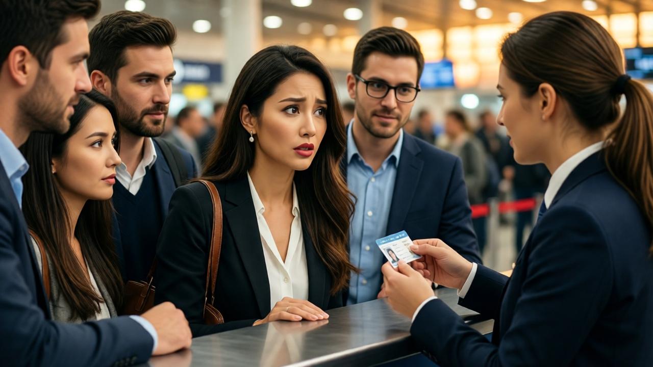 Eine Gruppe von Passagieren beobachtet eine Konfrontation am Boarding-Schalter, die elegante Frau zeigt einem verblüfften Mitarbeiter einen Ausweis, warmes Flughafenlicht, Unschärfe im Hintergrund, journalistischer Stil, mittlere Totale.