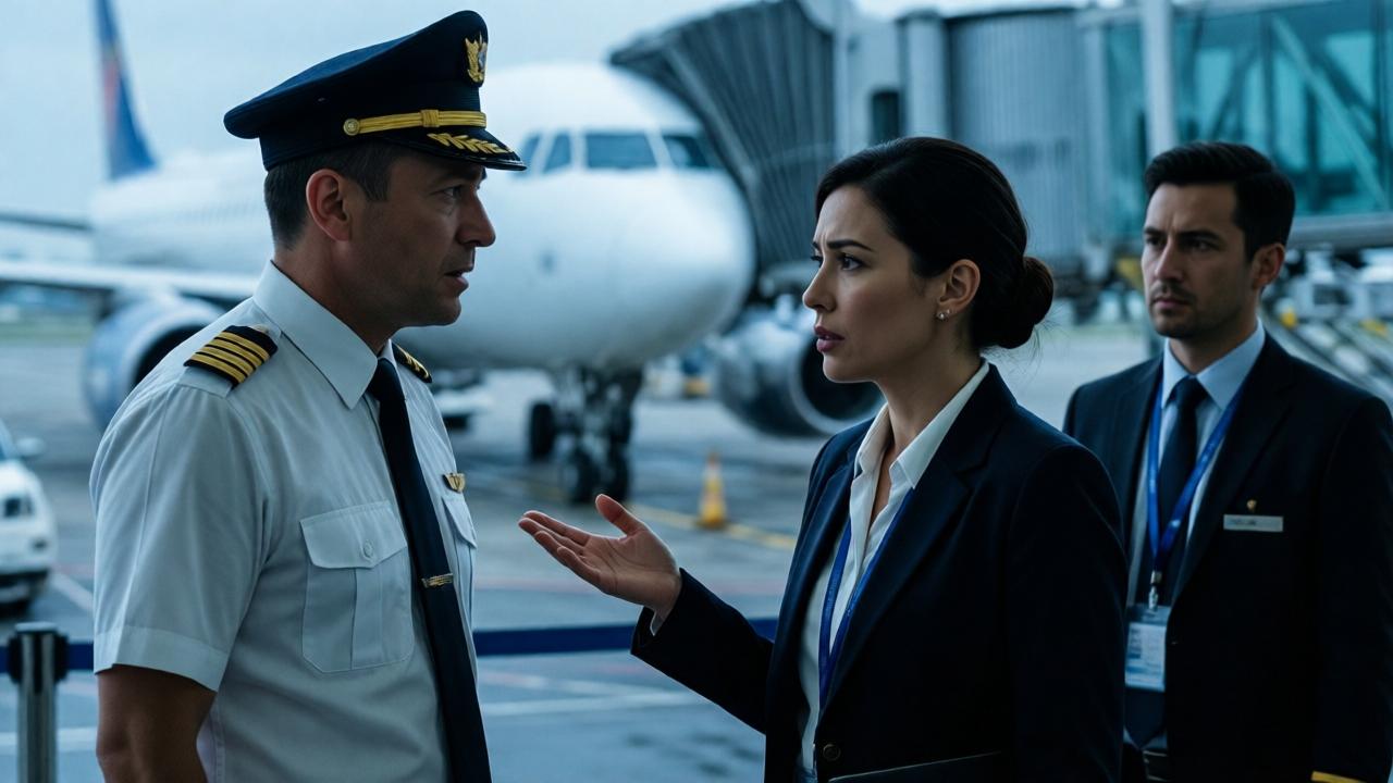 Ein Pilot nähert sich einer angespannten Szene am Gate, während die Frau mit autoritärer Haltung spricht, der Mitarbeiter wirkt verunsichert, kühle Flughafenbeleuchtung, asymmetrische Komposition, cineastischer Stil mit tiefen Schatten.