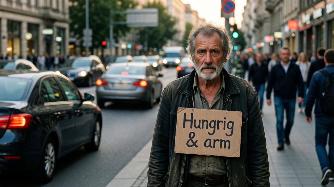 Eine belebte Stadtstraße mit vorbeifahrenden Autos und eilenden Passanten, im Vordergrund ein älterer Mann mit abgetragener Kleidung und einem Schild 'Hungrig & arm', melancholische Stimmung, weiches Abendlicht, fotografischer Realismus.