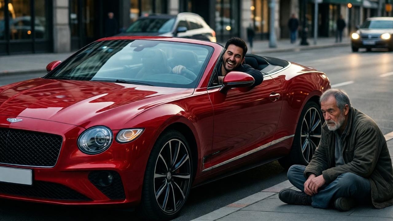 Ein knallroter Luxus-Cabriolet hält am Bordstein, ein schick gekleideter Fahrer lacht abfällig auf einen älteren Obdachlosen herab, dramatische Beleuchtung mit starken Kontrasten, unangenehme Spannung, cinematische Komposition.
