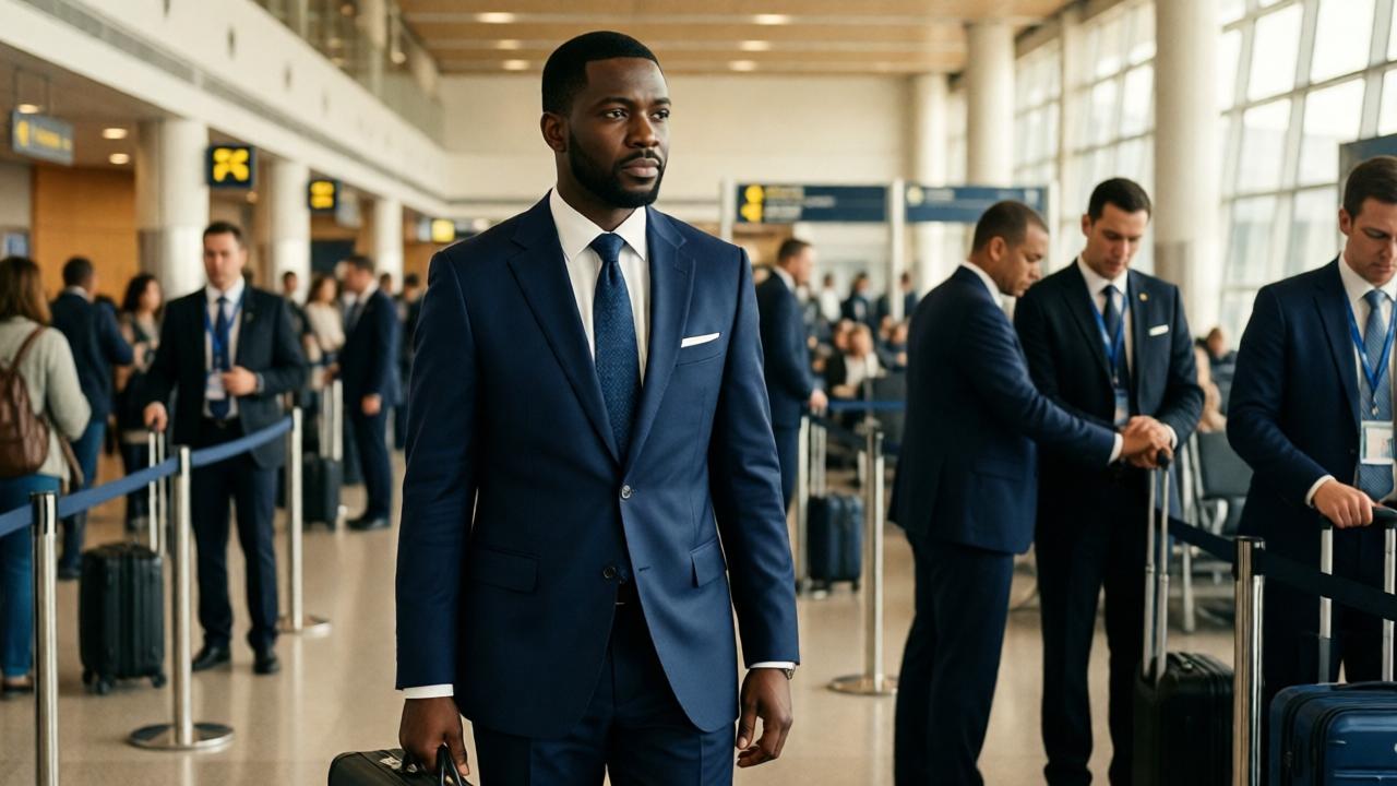 Ein schwarzer Mann in einem eleganten Marineanzug und mit einer schlichten Aktentasche steht an einem Flughafen-Gate. Er hat eine ruhige, würdevolle Haltung, sein Gesichtsausdruck ist ernst und nachdenklich. Im Hintergrund sind Passagiere und Flugpersonal zu sehen, die ihn ignorieren oder herablassend mustern. Die Szene ist in warmen, gedämpften Farben gehalten, mit einem leichten Kontrast zwischen seiner dunklen Haut und dem hellen Licht der Flughafenlobby. Der Stil ist cineastisch, wie eine Standbildszene aus einem Drama.