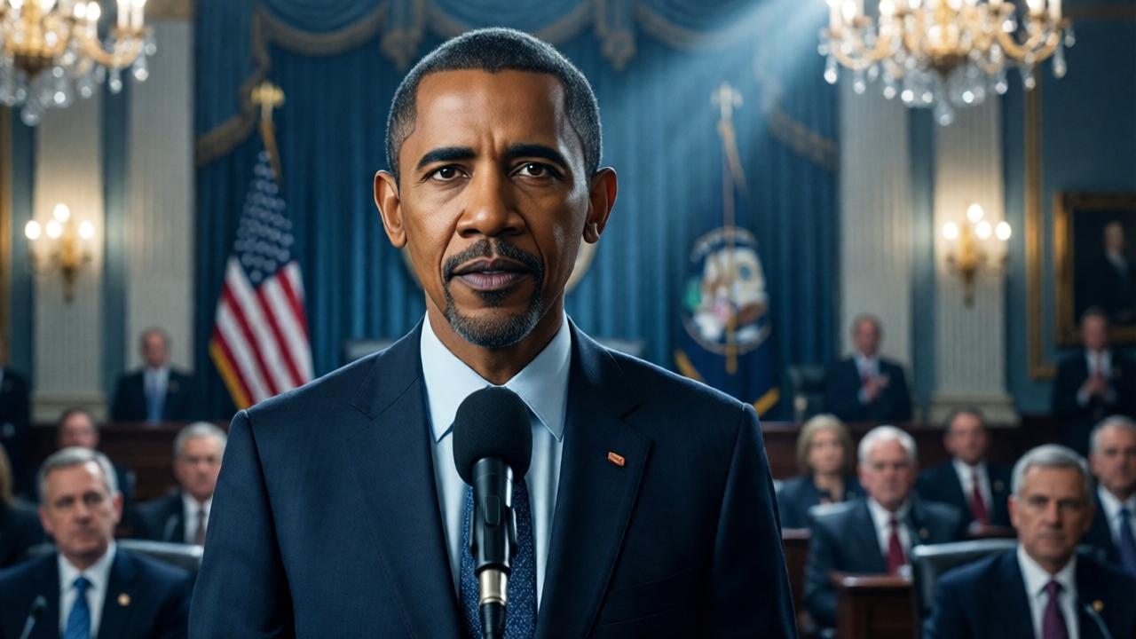 Ein schwarzer Mann in einem tadellosen Anzug steht vor einem Mikrofon im US-Senat. Hinter ihm sind amerikanische Flaggen und Senatoren zu sehen, die aufmerksam zuhören. Sein Gesichtsausdruck ist ruhig, aber seine Augen brennen vor Entschlossenheit. Das Licht fällt dramatisch auf sein Gesicht, während er spricht, und wirft lange Schatten. Die Szene ist in kühlen Blau- und Grautönen gehalten, mit einem Hauch von Gold von den Kronleuchtern. Der Stil ist cineastisch, wie ein Schlüsselmoment in einem Politthriller, mit einer leichten Unschärfe im Hintergrund, um den Fokus auf ihn zu lenken.