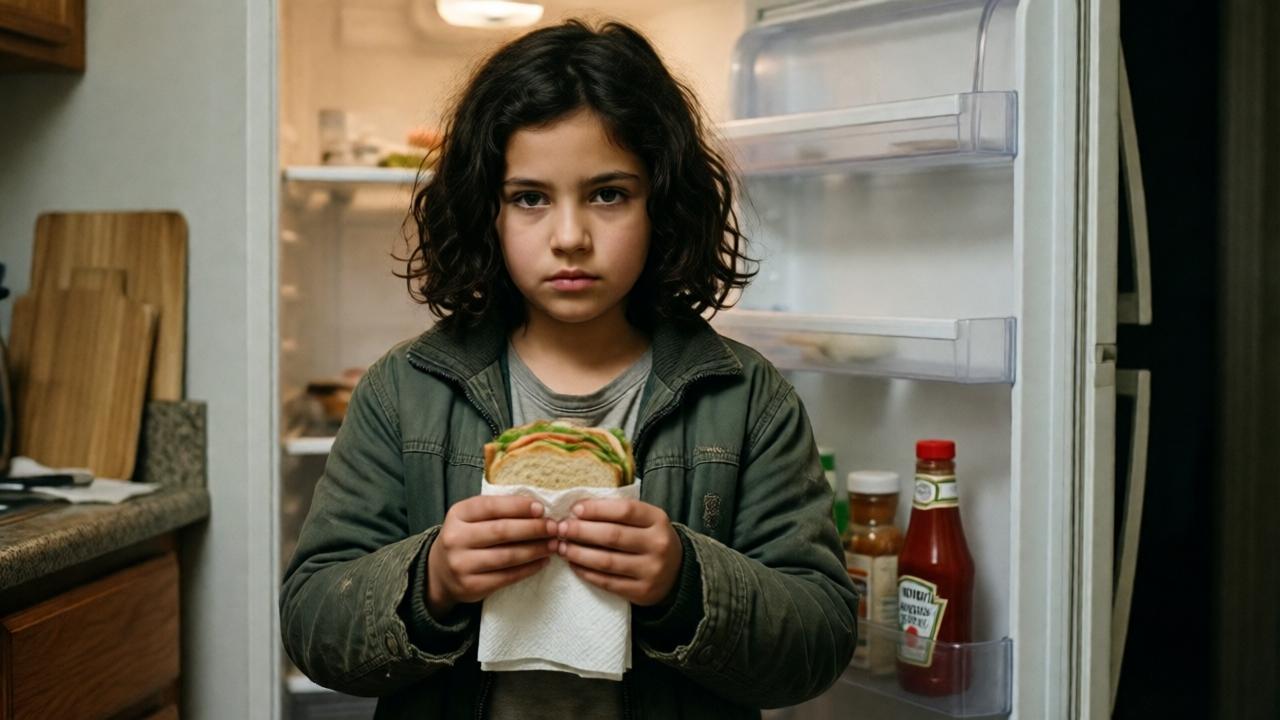 Ein neunjähriges Mädchen mit dunklen Locken und abgetragener Jacke steht in einer spärlich möblierten Küche. Sie wickelt ein einfaches Sandwich in ein Papiertuch. Der Kühlschrank ist fast leer, nur Ketchup und Reis sind zu sehen. Das Licht ist schwach, die Stimmung melancholisch, aber ihr Gesichtsausdruck ist entschlossen. Stil: Fotorealismus, warme Töne, leichte Unschärfe im Hintergrund, um die Armut zu betonen.