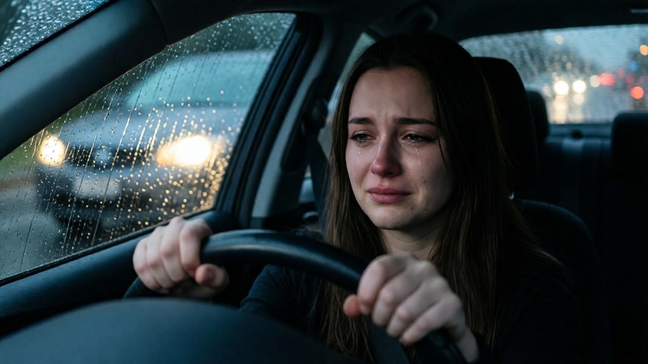 Eine junge Frau sitzt allein in einem dunklen Auto, die Hände um das Lenkrad geklammert, Tränen laufen ihr über das Gesicht. Der Regen prasselt gegen die Windschutzscheibe, die Scheinwerfer eines vorbeifahrenden Autos werfen flüchtige Schatten. Die Szene ist dramatisch, melancholisch, mit tiefblauen und grauen Farbtönen, die die Verzweiflung einfangen. Die Komposition fokussiert auf ihr Gesicht und die nassen Fenster, die die Welt draußen verschwimmen lassen.