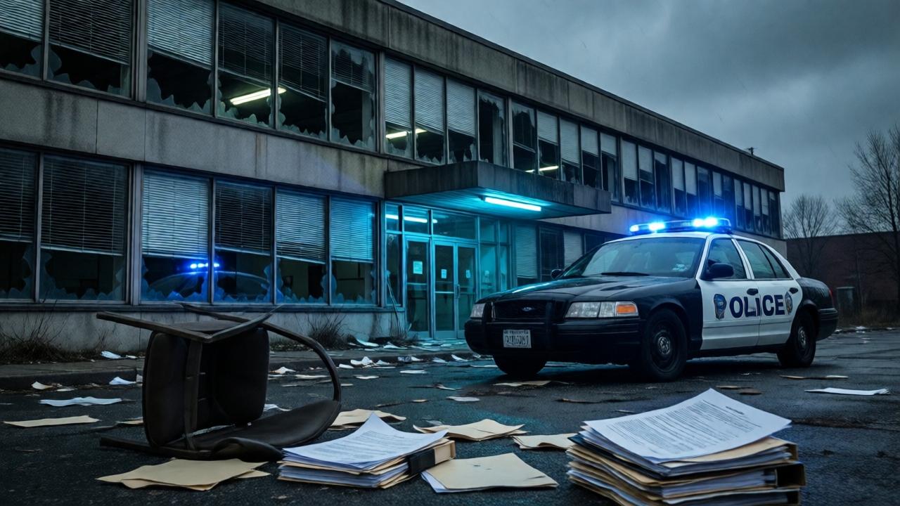 Ein verlassenes Bürogebäude mit eingeschlagenen Fenstern und heruntergelassenen Jalousien. Im Vordergrund liegen zerrissene Akten und ein umgestürzter Stuhl. Ein Polizeiauto mit blinkendem Blaulicht steht vor dem Eingang. Die Atmosphäre ist düster und chaotisch, mit kalten Neonlichtern, die die Zerstörung betonen. Der Himmel ist grau und bedrohlich, die Farben sind entsättigt, um den Zusammenbruch und die Enttäuschung zu symbolisieren.