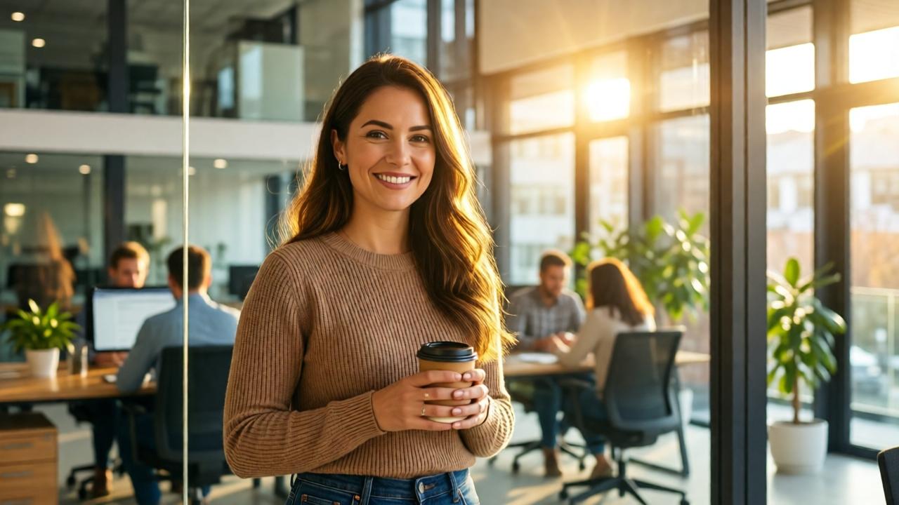 Eine Frau steht in einem sonnigen, modernen Büro mit Glaswänden, lächelt selbstbewusst und hält eine Kaffeetasse in der Hand. Im Hintergrund arbeiten Kollegen an Schreibtischen, Pflanzen und warmes Licht schaffen eine einladende Atmosphäre. Die Szene ist hell, hoffnungsvoll und farbenfroh, mit goldenen Sonnenstrahlen, die durch die Fenster fallen. Die Komposition betont ihren aufrechten Gang und die offene Körperhaltung als Symbol für Neuanfang und Erfüllung.