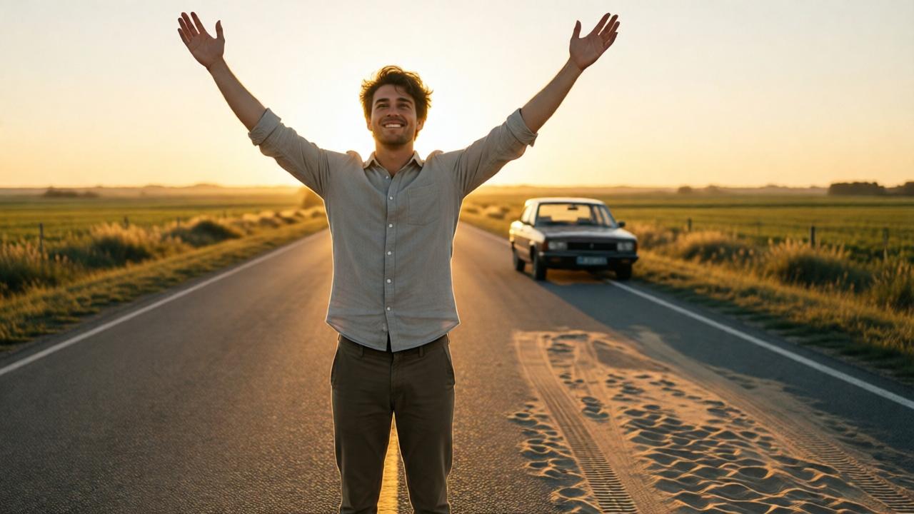 Ein junger Mann in sauberer, aber einfacher Kleidung steht auf einer leeren Landstraße, die Arme zum Himmel erhoben, ein Lächeln der Erleuchtung auf dem Gesicht. Die untergehende Sonne taucht die Szene in goldenes Licht, lange Schatten. Im Hintergrund ist das alte Auto verschwunden, nur ein paar Spuren im Sand. Mystische, himmlische Atmosphäre, filmischer Stil, warme Farben, Gefühl von Frieden und Hoffnung, Weitwinkel.