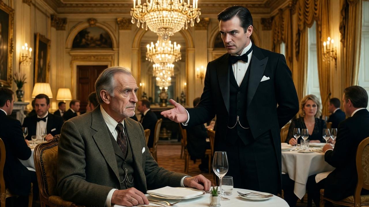 In einer opulenten, von goldenen Kristalllüstern erleuchteten Dining Hall des Ritz Hotels in London sitzt ein schmächtiger, älterer Herr in einem leicht zerknitterten, altmodischen Anzug an einem kleinen Tisch. Vor ihm steht ein hochmütiger Restaurantmanager mit eiskaltem Blick und gestikuliert verächtlich. Im Hintergrund speisen elegant gekleidete Gäste an Tischen mit feinstem Silberbesteck. Der Kontrast zwischen der Pracht des Raumes und der demütigenden Szene ist intensiv. Stimmung: angespannt, dramatisch, voller versteckter Macht. Stil: cineastisch, mit warmen Goldtönen und tiefen Schatten, die die Gesichter betonen.