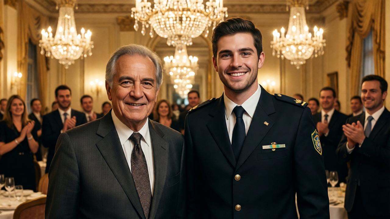 Der alte brasilianische Herr Eduardo Silva, jetzt in einem eleganten, maßgeschneiderten Anzug, steht stolz in der Dining Hall des Ritz Hotels. Neben ihm steht der junge Stagiaire Lukas, nun in einer höheren Uniform, ein strahlendes Lächeln auf den Lippen. Im Hintergrund applaudieren Gäste. Die Kristalllüster werfen funkelndes Licht auf die Szene, die Wärme und Triumph ausstrahlt. Stimmung: erhebend, gerecht, emotional erlösend. Stil: cineastisch, mit goldenem Licht, das die Gesichter umhüllt, und einer leichten Unschärfe im Hintergrund, um den Fokus auf die beiden Protagonisten zu legen.