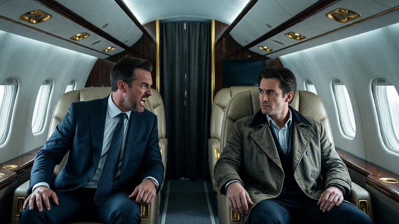 Eine luxuriöse Flugzeugkabine mit goldenen Akzenten und weichen Ledersesseln, ein wütender Mann in teurem Anzug schreit einen ruhigen, schmächtigen Mann in abgetragenem Mantel an, dramatische Beleuchtung mit Schatten, Atmosphäre der Spannung und Demütigung, filmischer Stil, kühle Farben mit goldenen Highlights