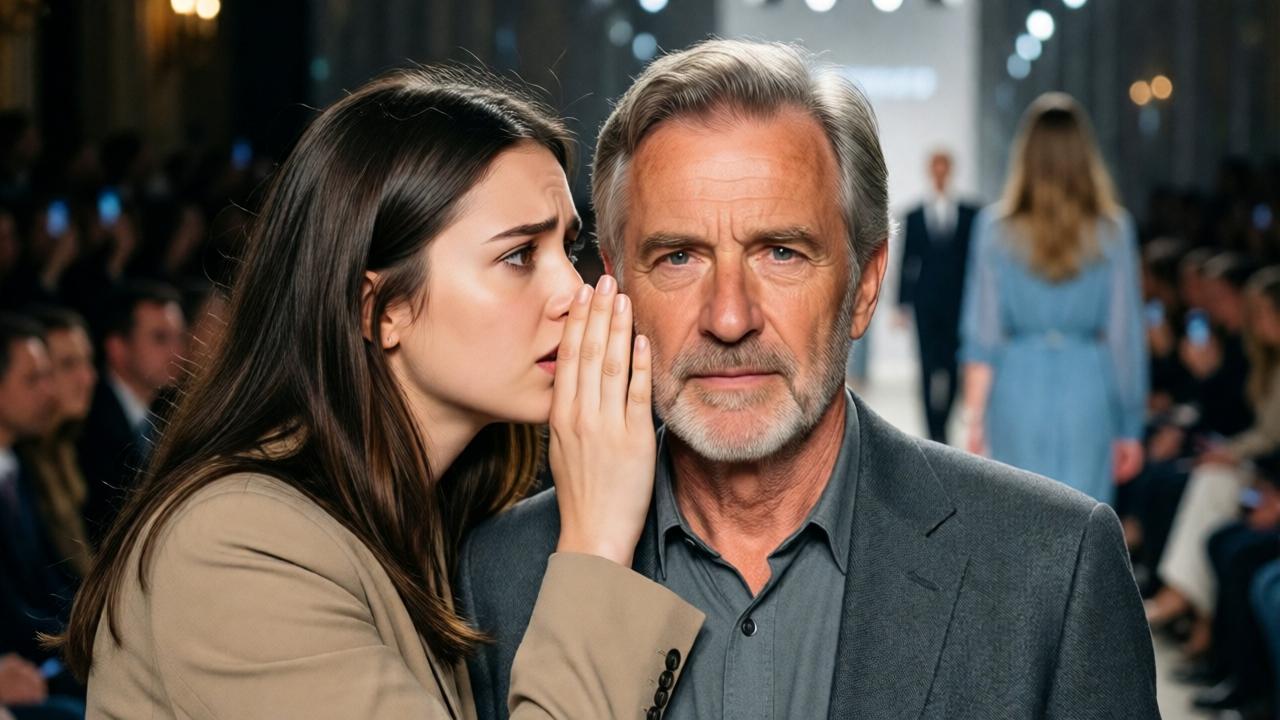 Ein junger Praktikant beugt sich zu einem älteren Mann in schlichter Kleidung und flüstert ihm etwas zu. Der Hintergrund ist unscharf, zeigt aber die glamouröse Atmosphäre einer Modenschau mit Models und Lichtern. Der Praktikant hat ängstliche, aber entschlossene Augen. Der Mann wirkt ruhig und weise. Stil: Nahaufnahme, filmisch, warme Farbtöne mit sanftem Fokus. Farben: Beige, Grau, Blau. Komposition: Intime Zweiergruppe, die sich von der Menge abhebt.