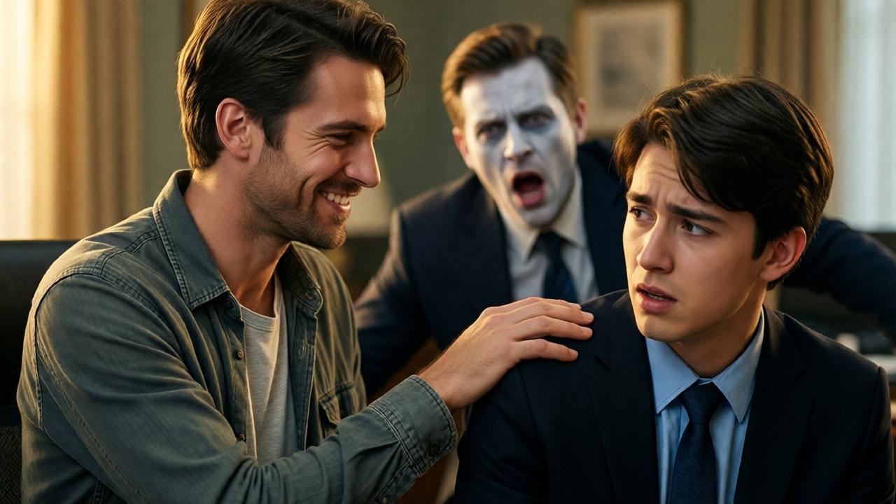 Der schmächtige Mann in billiger Kleidung legt dem jungen Praktikanten eine Hand auf die Schulter, während der arrogante Creative Director im Hintergrund mit offenem Mund und blassem Gesicht zurückweicht. Der Mann lächelt warm, der Praktikant ist überwältigt. Die Szene ist voller Emotionen, mit weichem Licht, das die beiden Hauptfiguren hervorhebt. Stil: Dramatisch, herzerwärmend, filmisch. Farben: Gold, Blau, Schwarz. Komposition: Triumphale Geste in der Mitte, Niederlage im Hintergrund.