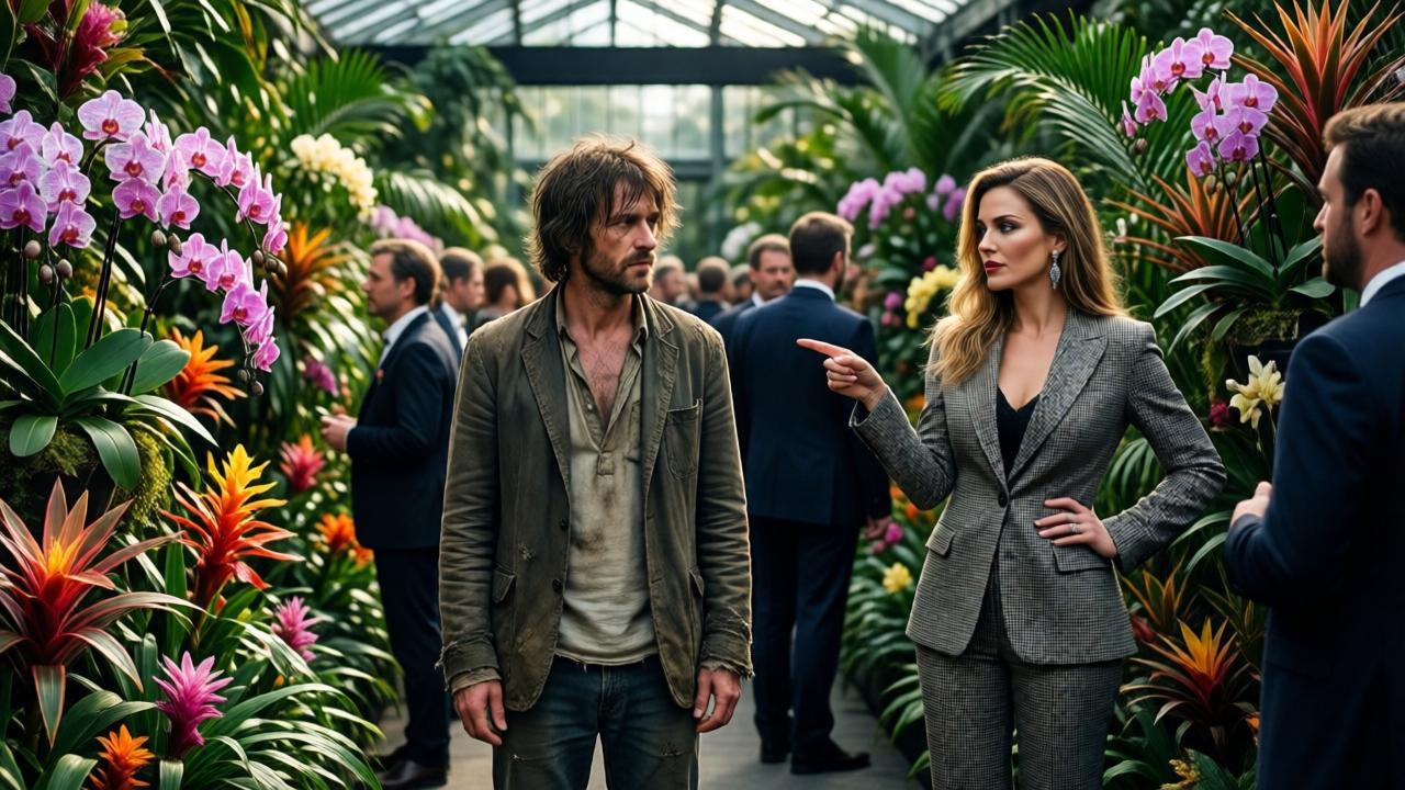 Ein luxuriöser Blumenpavillon auf einer internationalen Gartenmesse in Amsterdam, gefüllt mit schillernden Orchideen und exotischen Pflanzen in leuchtenden Farben. In der Mitte steht ein unscheinbarer Mann mit zerzausten Haaren und abgetragener Kleidung, umgeben von elegant gekleideten Besuchern. Eine arrogante Frau in einem Designer-Kostüm und perfektem Make-up zeigt verächtlich auf ihn. Dramatische Beleuchtung mit kontrastreichen Schatten, cineastischer Stil, tiefe Sättigung, emotionale Spannung.
